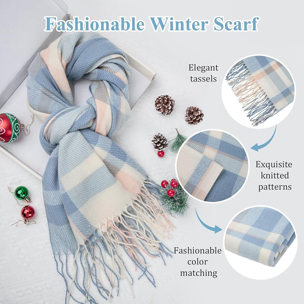 Chalier Fashion Écharpe Carrée Surdimensionnée à Carreaux Avec Pompons - Coffret Cadeau Hiver Pour Femme - Taille Unique Couleurs Mélangées