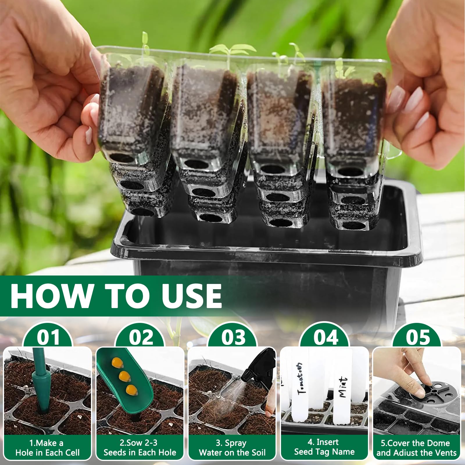 ZLPBAO Mini Serra Germinazione, Confezione da 5 vassoi per semi con luce di coltivazione per serre e giardini,Mini Serra per Piantine Semina Germinazione di Piante in Crescita