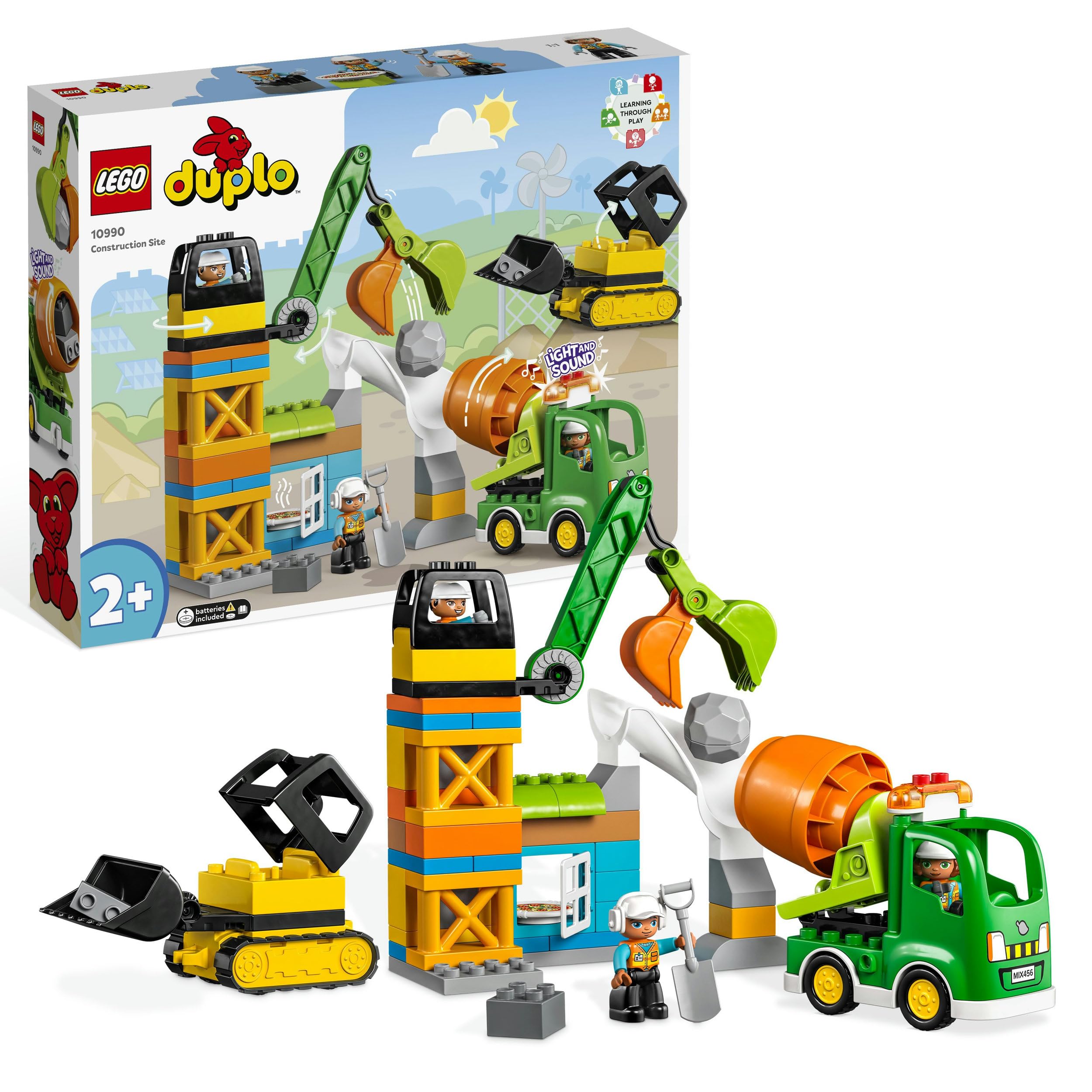 LEGO 10990 Duplo Obra, Set de Construcción con Grúa, Juguetes Educativos para Niños y Niñas de 2 Años o Más, Excavadora y Hormigonera, Minifiguras, Ladrillos de Iniciación y Caja de Almacenamiento