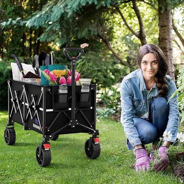 ROSONG Chariot de Plage Pliable-Chariot de Jardin 4 Roues Tout Terrain avec Freins Charrette Transport Grande Capacité 150KG pour Camping Courses Plage et Extérieur - 2