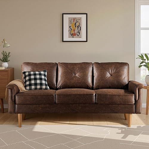 ovios Luxury 3 Seater Sofa with Faux Leather,Mid-Century Modern Couch with Comfortable Armrest,Comfy Couches with Deep Seat,Small Sofas for Living Room Bedroom (Dark Brown), NOP20240120