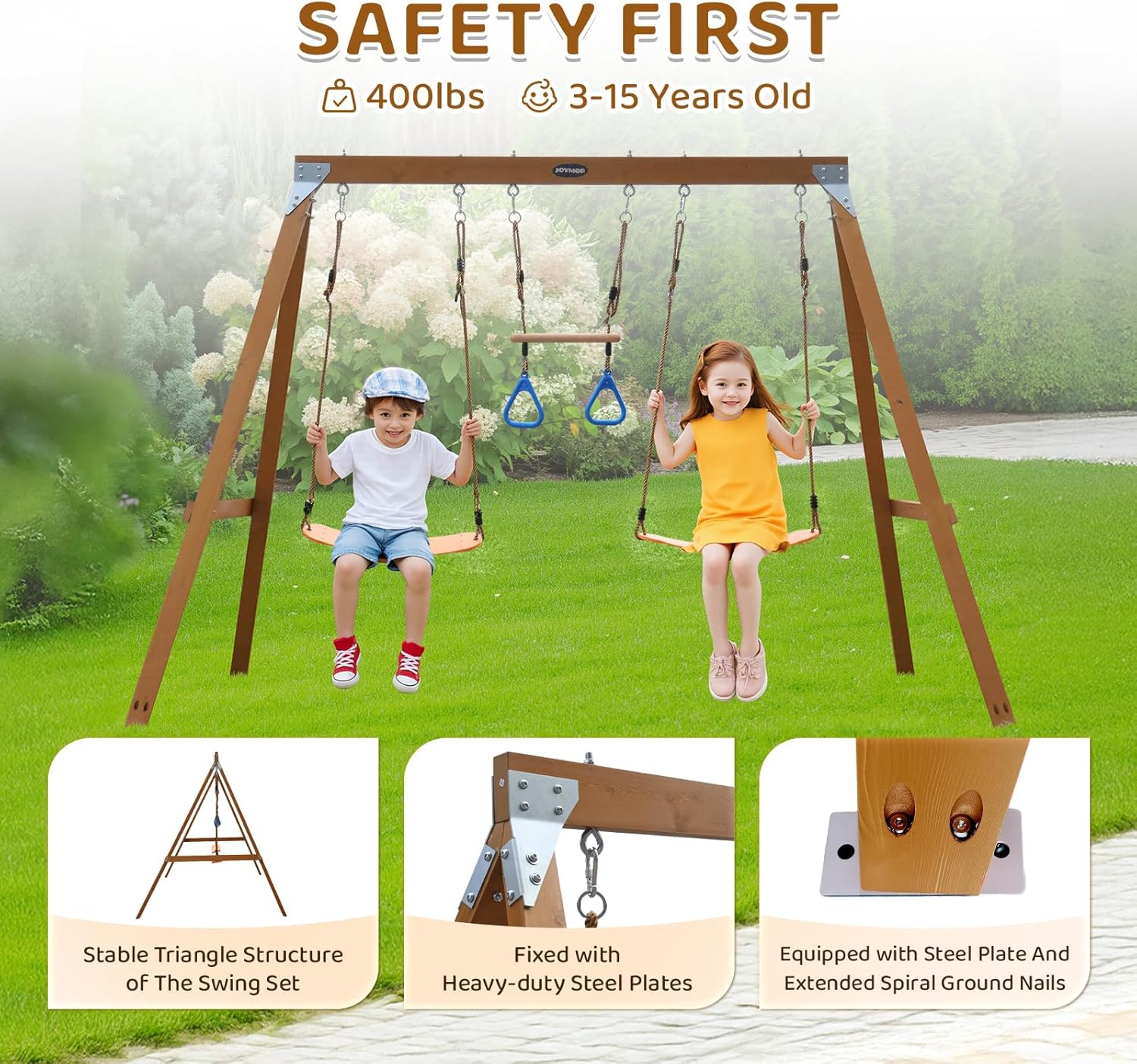 Safety features of the JOYMOR Cedar Wood Swing Set, showing a stable triangle structure, heavy-duty steel plate fixings, and extended spiral ground nails.