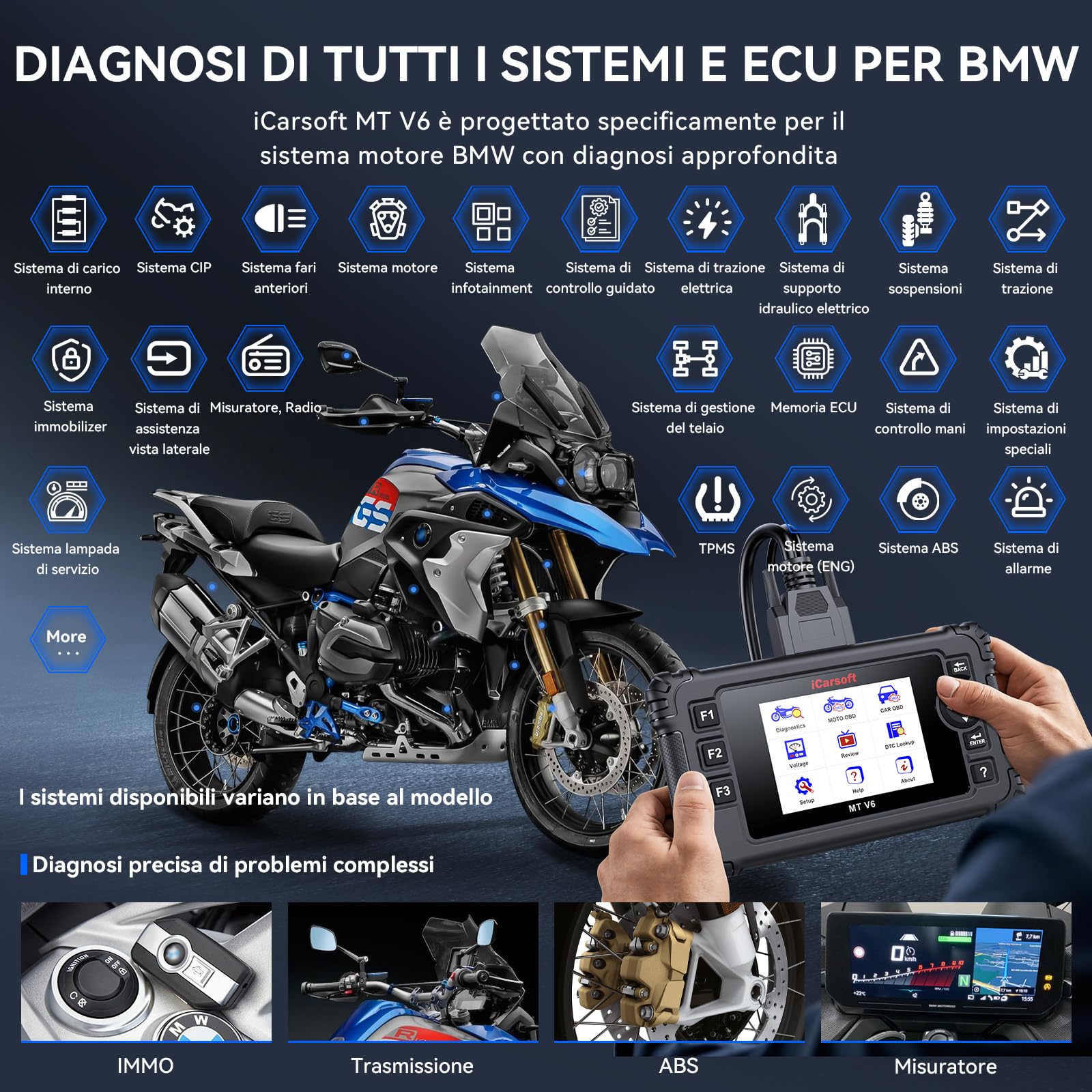 iCarsoft MT V6 per BM.W Moto, Strumento Diagnostico Bidirezionale, OBDII Lettore di Codice Tutti i Sistemi con 115+ Funzioni di Ripristino, Strumento di Scansione per Moto, Test Salute Batteria