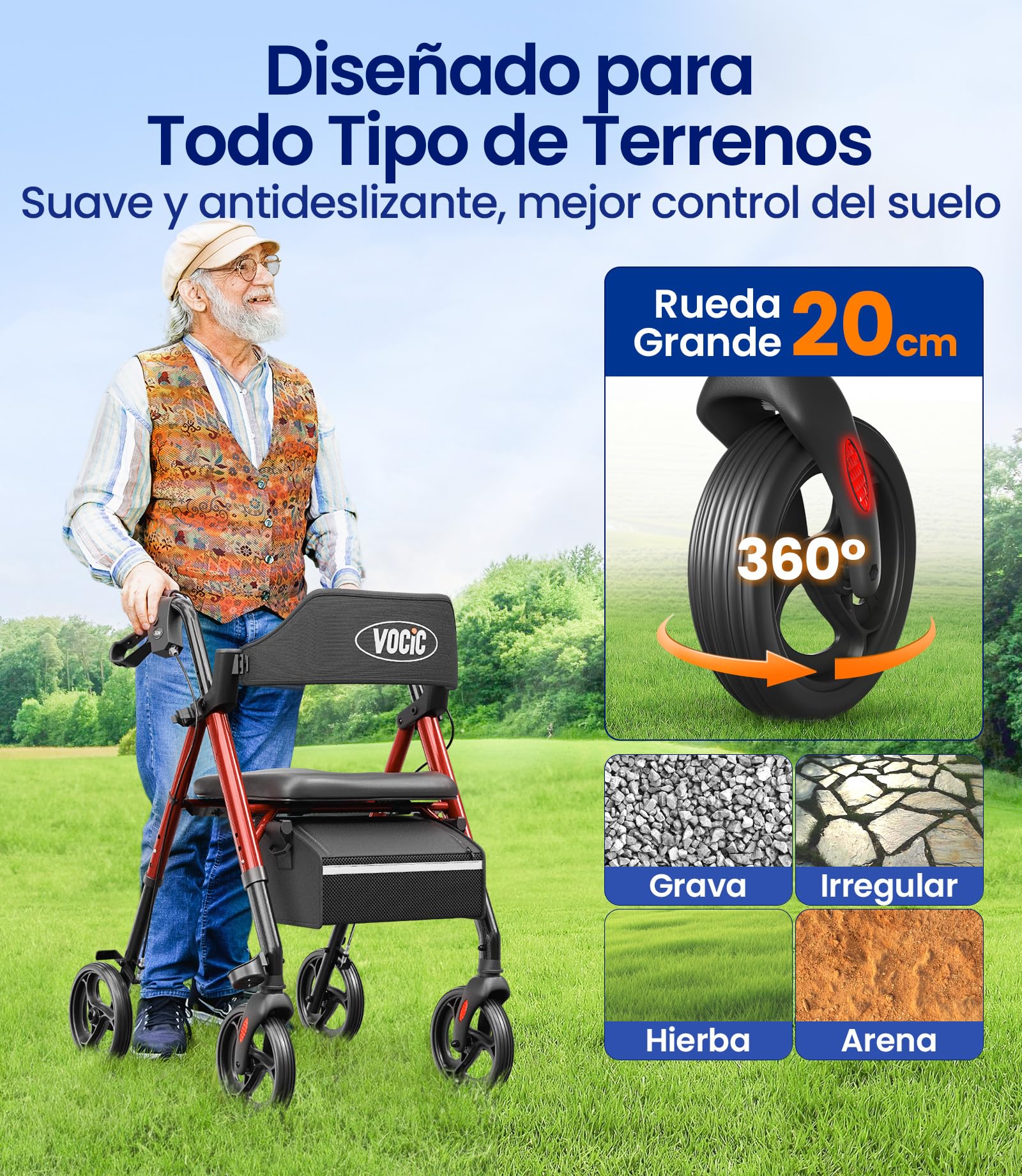 VOCIC Andador plegable y ligero con asiento, andadores estrechos para apartamentos, andadores para personas mayores, plegable con neumáticos de 20 cm para todo terreno, asiento y mango de altura