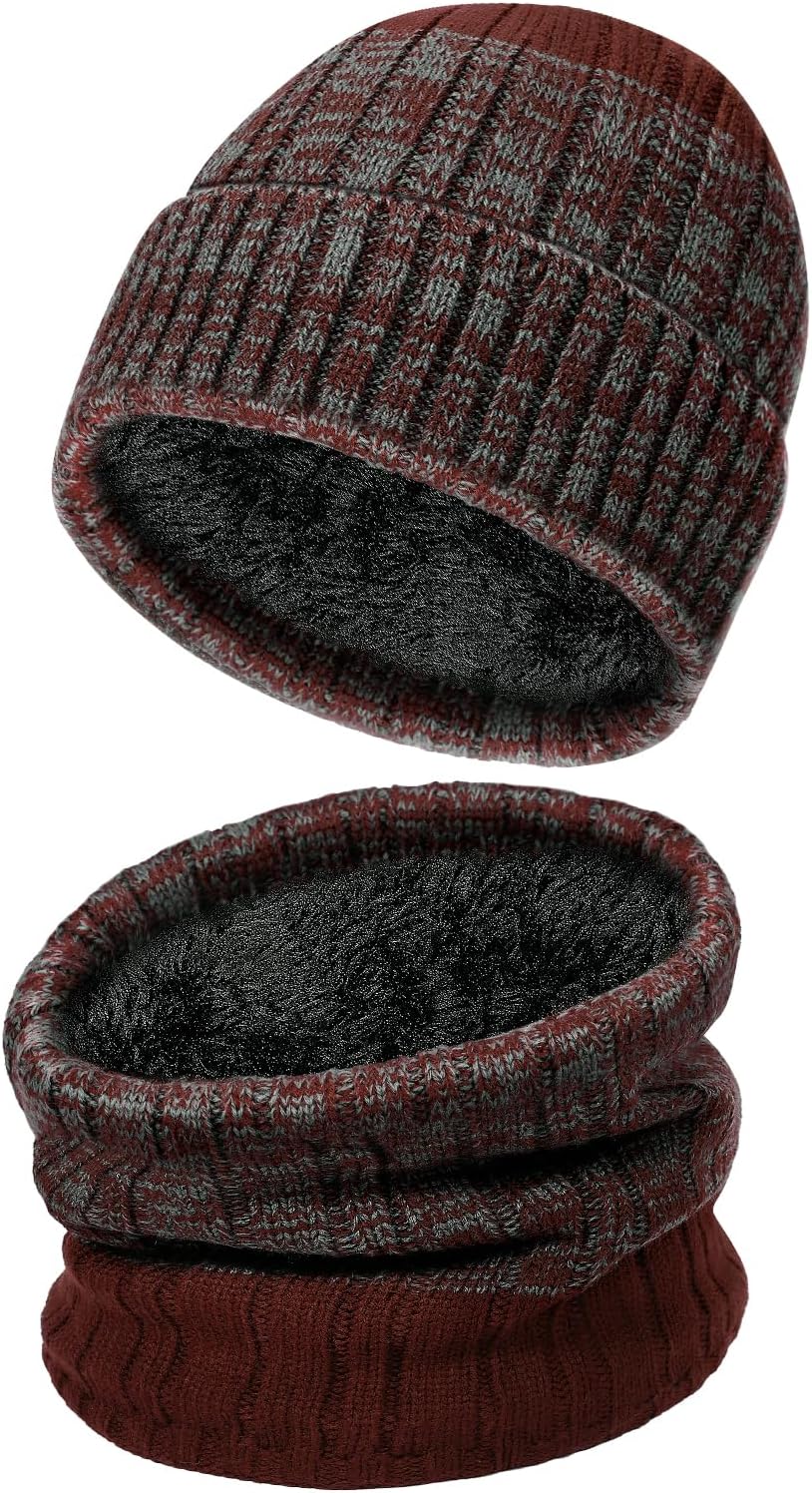 Winter Hat and Scarf Set: Windproof Fleece Lined Neck Warmer Warm Knit Beanie for Men Women Skiing Hiking Cycling