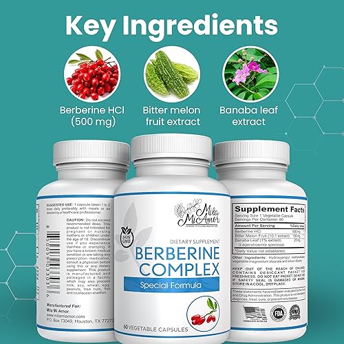 Miniatura 6 de Mila Miamor Berberine Complex HCL 500mg - Suplemento especial de berberina con fruta de melón y hoja de banaba - Sin OMG, fabricado en Estados