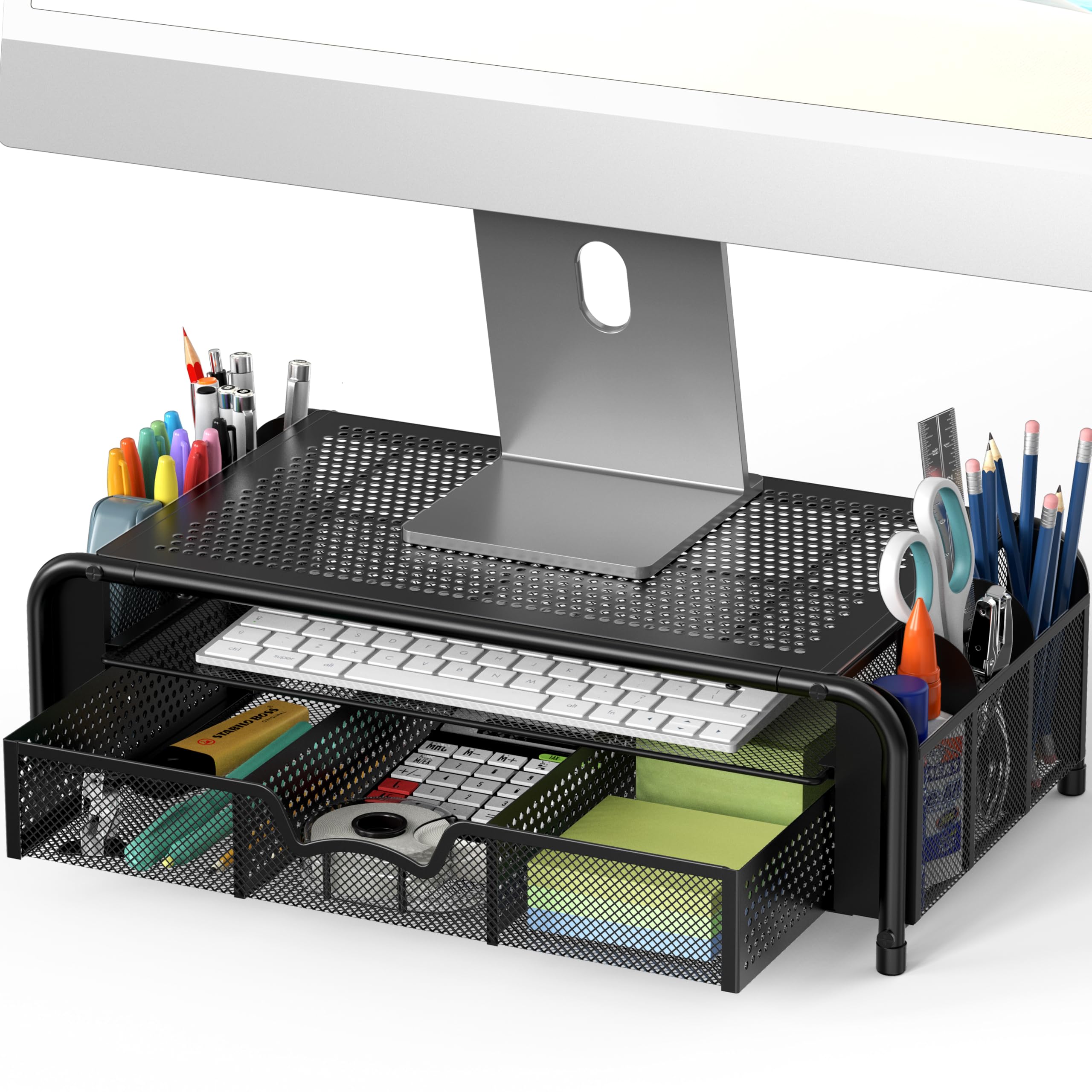 Simple Houseware Monitor Riser Stand w/Pull-Out Drawer & Pen Holder, Black