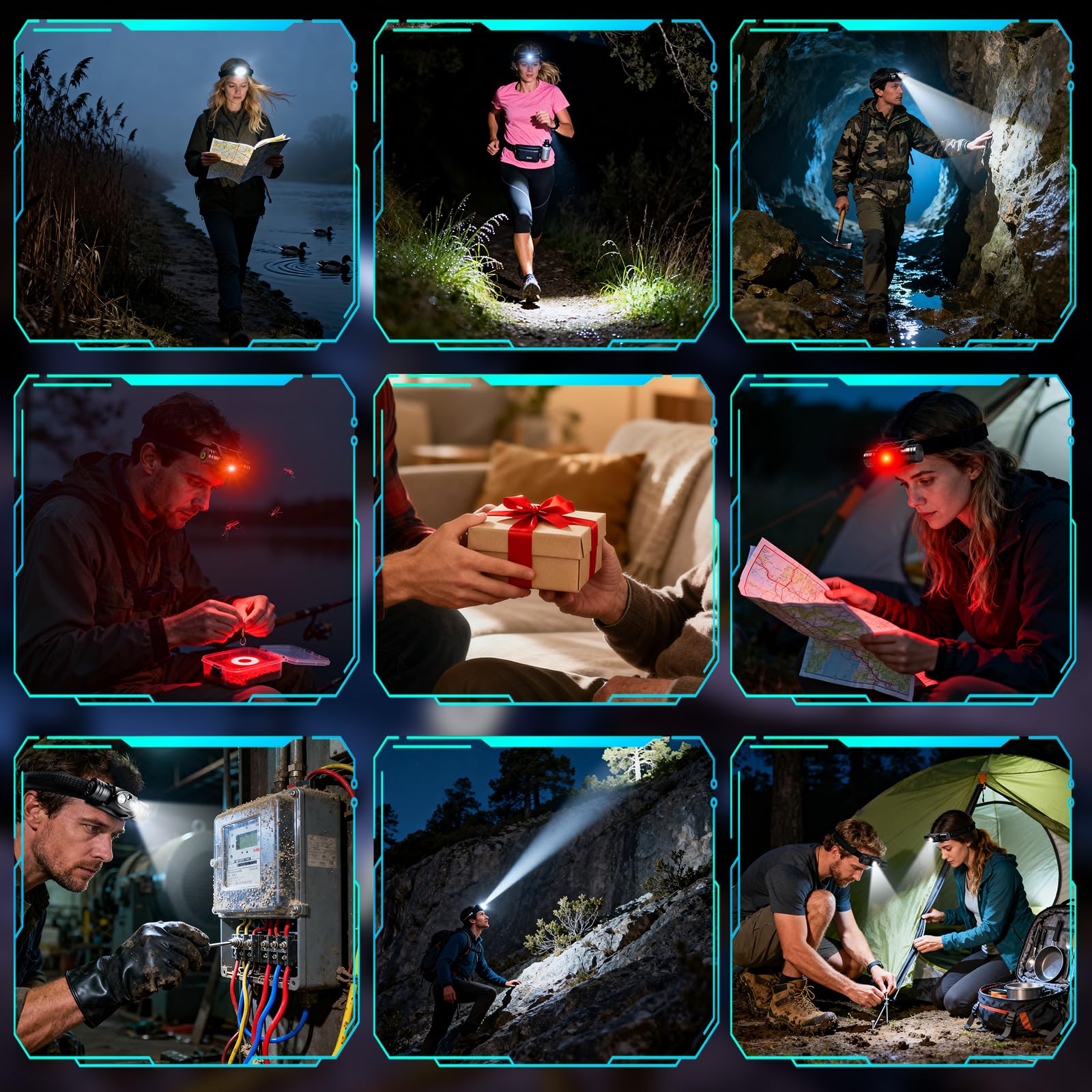 BORUIT HP440 Stirnlampe 1020 Lumen Wiederaufladbar, Super Helle Kopflampe 9 Modi Weißes und Rotes Licht, 180° Einstellbar, mit wesentlicher Notfallversorgung für Outdoor-Enthusiasten
