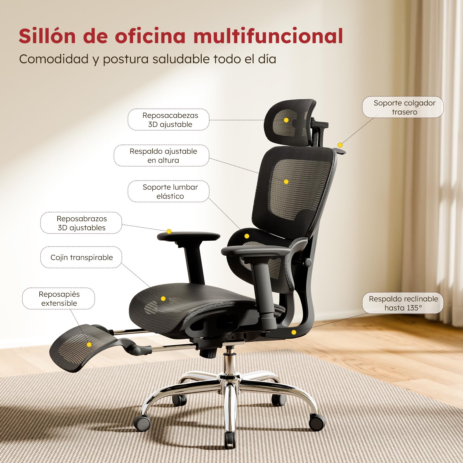 Silla de Oficina ergonómica con reposacabezas Ajustable, Soporte Lumbar y reposabrazos Plegables 3D, Silla de Ordenador con Ajuste de Altura y función basculante,Silla giratoria de hasta 150kg,Negro