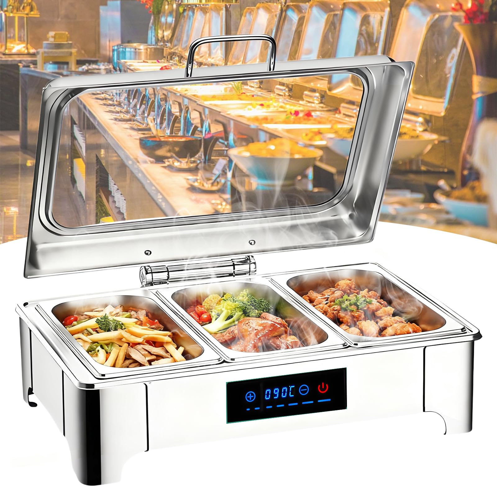 Chafing Dish Elektrisch Glasdeckel, 9L Edelstahl(1/3 Pan)