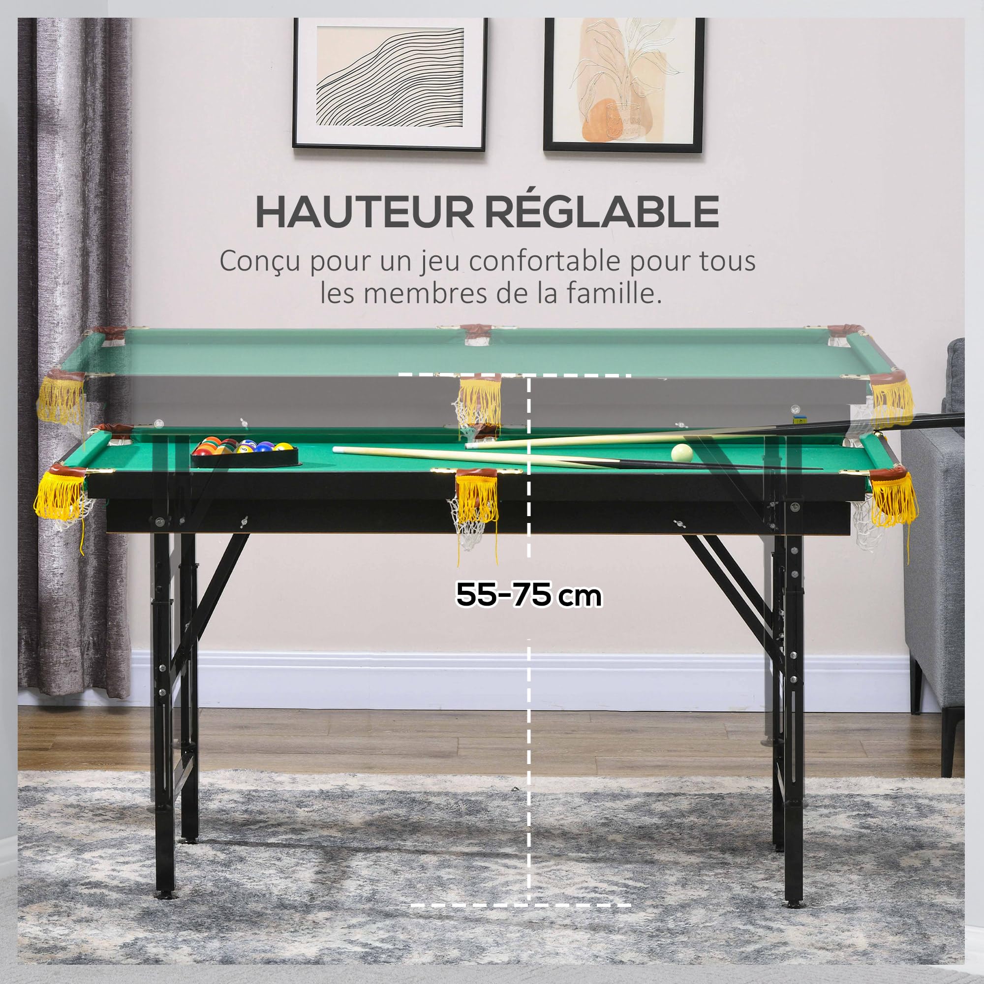 SPORTNOW Table de Billard Pliable Hauteur réglable avec Accessoires 2 queues, 16 Boules, 2 craies, Triangle, Brosse, dim. 140L x 63l x 55-75H cm Vert