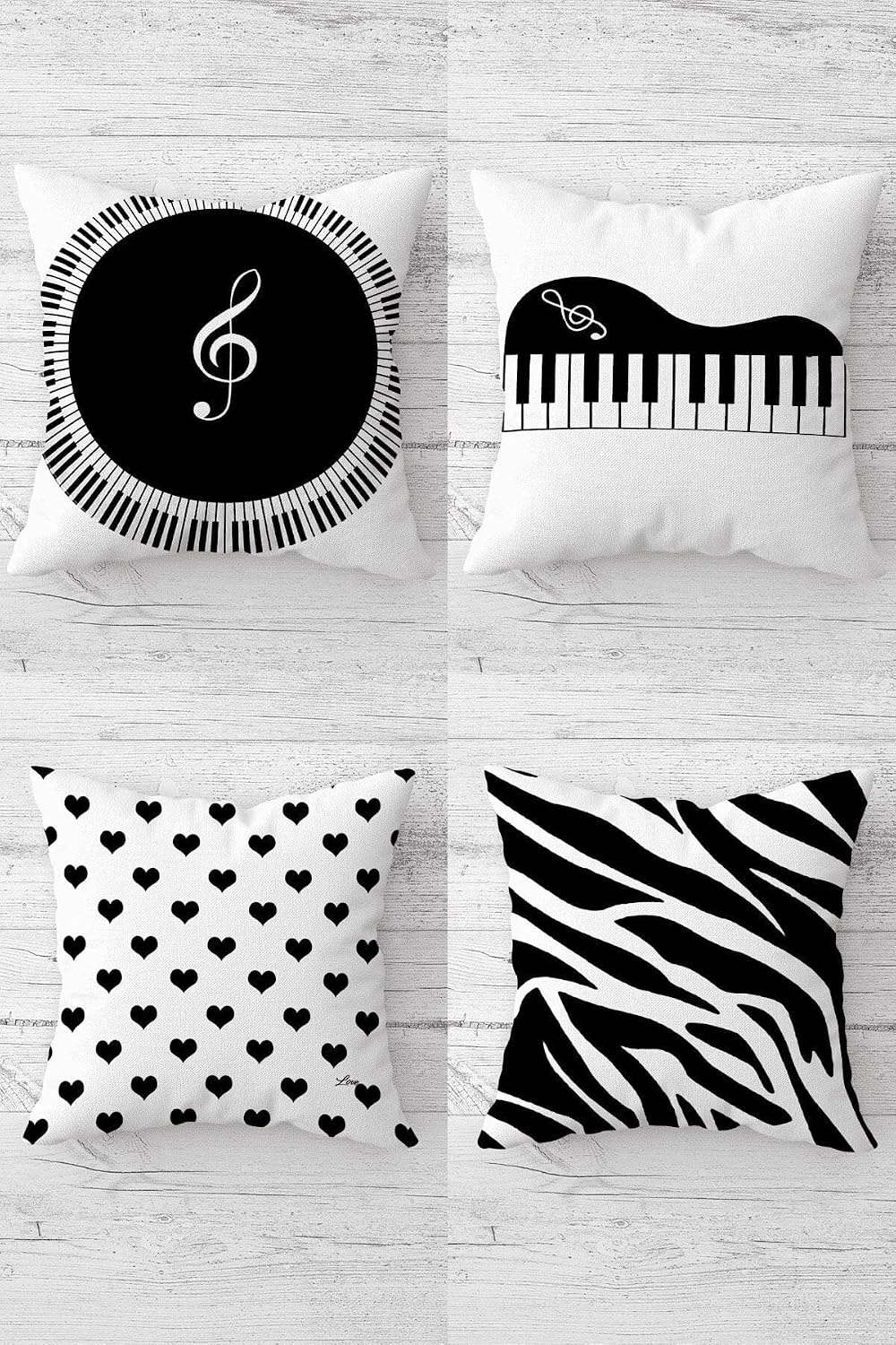 Pelangi Piyano Zebra Nota Müzik Gizli Fermuarlı Kırlent Kılıfı Koltuk Yastık Kılıfı Takım(4adet), Siyah-Beyaz 45 x 45