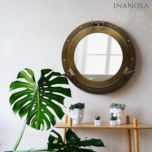 Miniatura 2 de Espejo de ojo de buey  Acabado de latón de 8 pulgadas  Decoración náutica de pared para baño y dormitorio  Decoración antigua de aluminio y aleación
