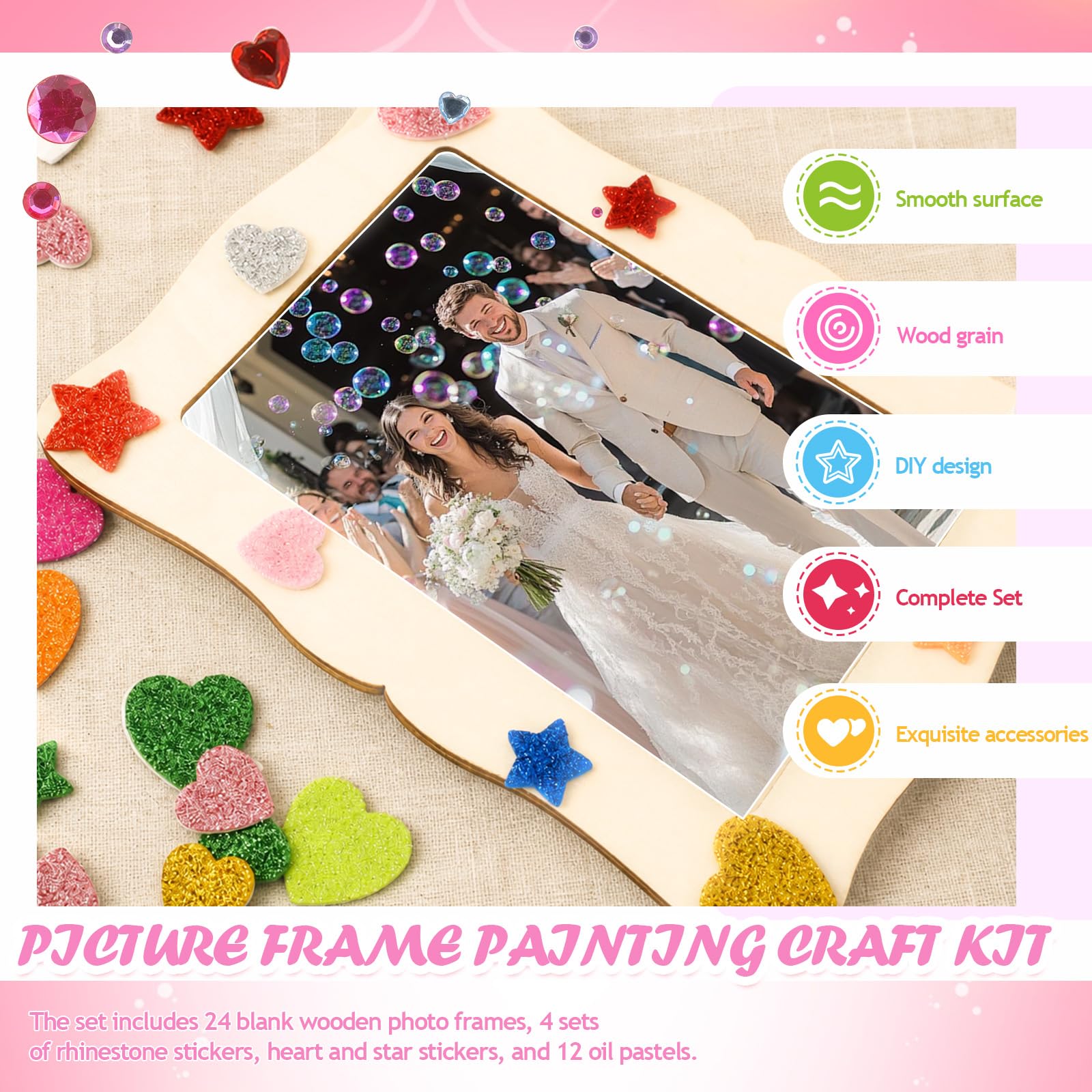 24 Stück Holzbilderrahmen zum Bemalen Set | DIY Fotorahmen Holz Unbehandelt mit Glitzersteinen Sticker und Stiften Kindergeburtstag Bastelset Stehend Hängend