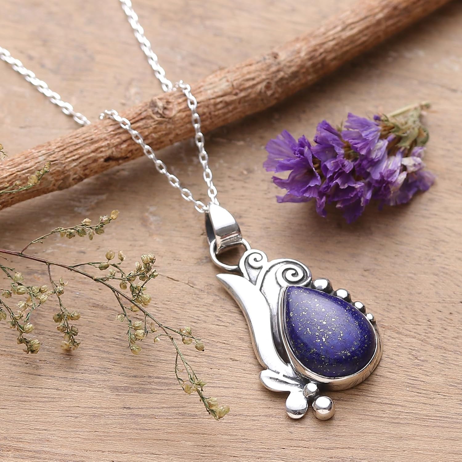 NOVICA Lapis lazuli .925 Sterling Silver Pendant Necklace 'Grand Blue'