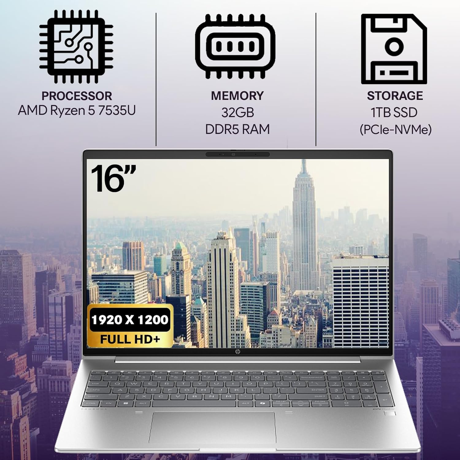 HP ProBook 465 460 G11 Business Laptop 16” FHD+ Display, AMD Ryzen 5 7535U, 32GB DDR5 RAM, 1TB NVMe, Wi-Fi 6E, RJ-45, Webcam, Backlit Keyboard, Win 11 Pro - Pike Silver Plastic