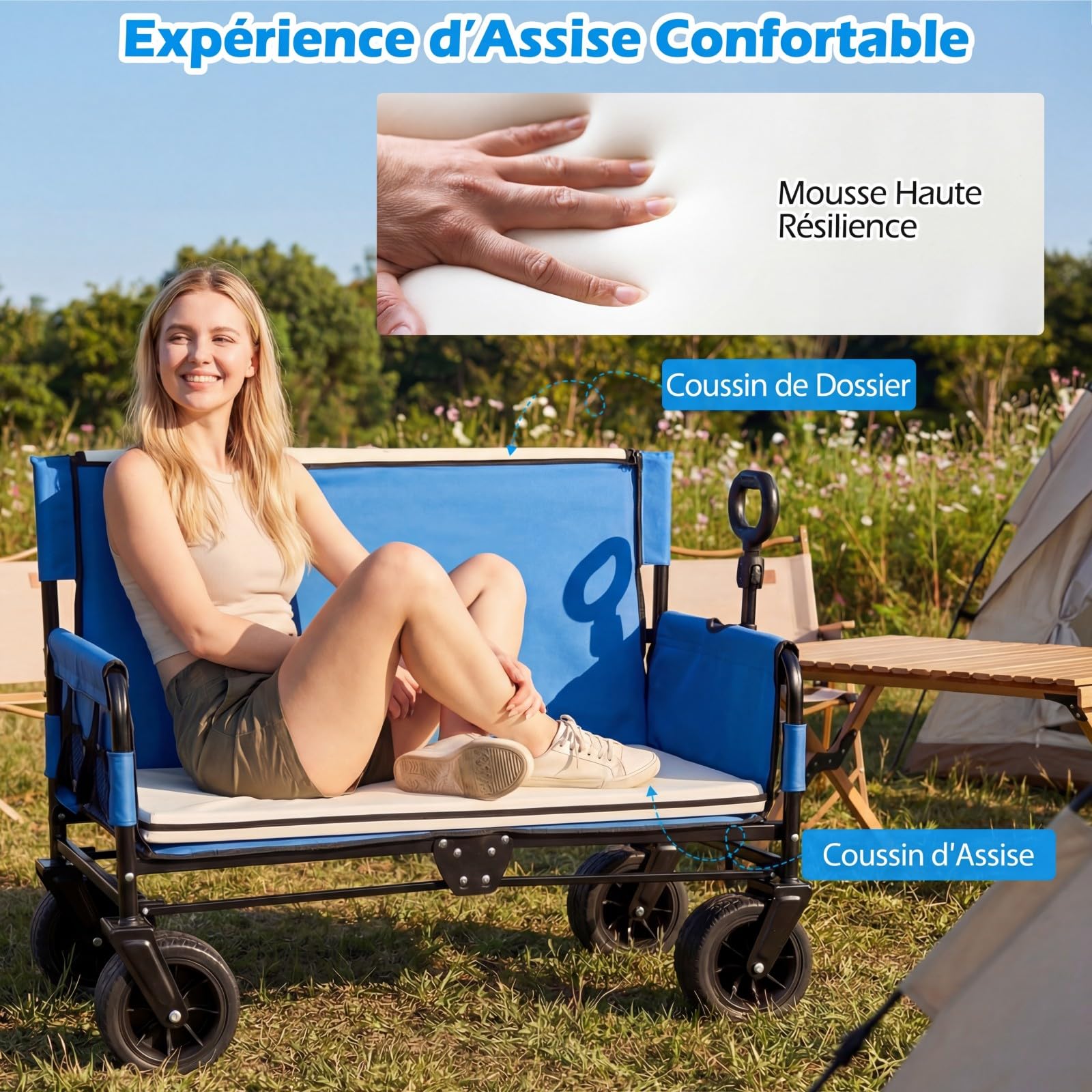 COSTWAY Chariot de Plage Pliable Banc 2-en-1, Chariot de Transport 85 L avec Poignée Ajustable Poussée/tirée Coussins Doux et Roues Tout-Terrain, pour Camping Sport et Shopping (Bleu)