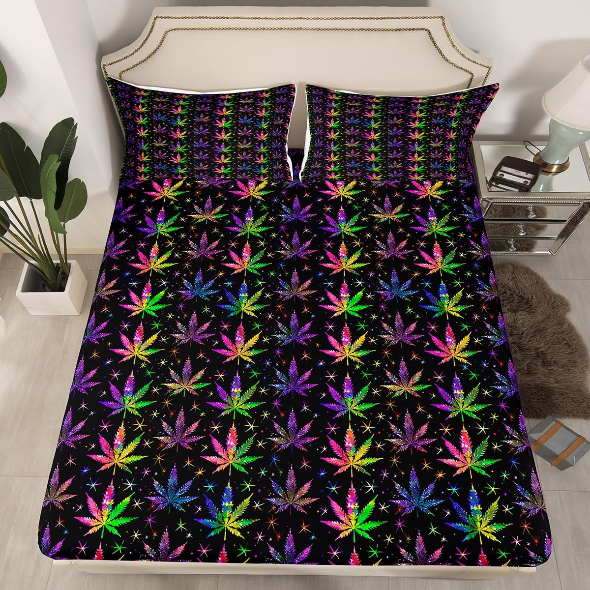 Castle Fairy Shiny Cannabis Leaves Fitted Sheet Full Size,Colorful Marijuana Leaves Soft Bed Sheet(1 Fitted + 2 Pillowcases),Boho Plant Rainbow All-Round Elastic Pocket Bed Cover for Boys Teens