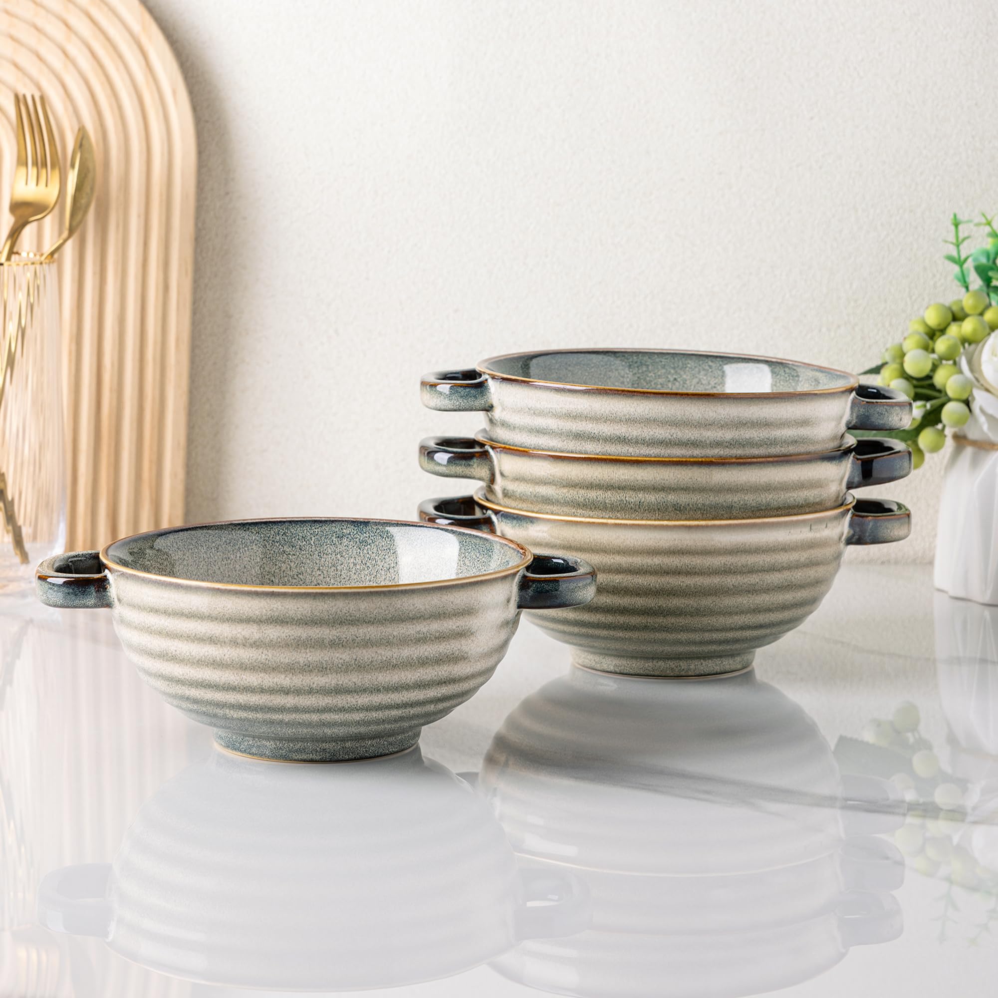 GBHOME Ceramic Soup Bowls With Double Handles, 24 OZ Soup Cups Set For Soup, Cereal, Stew, Salad, Noodles, Ramen,Microware &Dishwasher Safe, Set Of 4