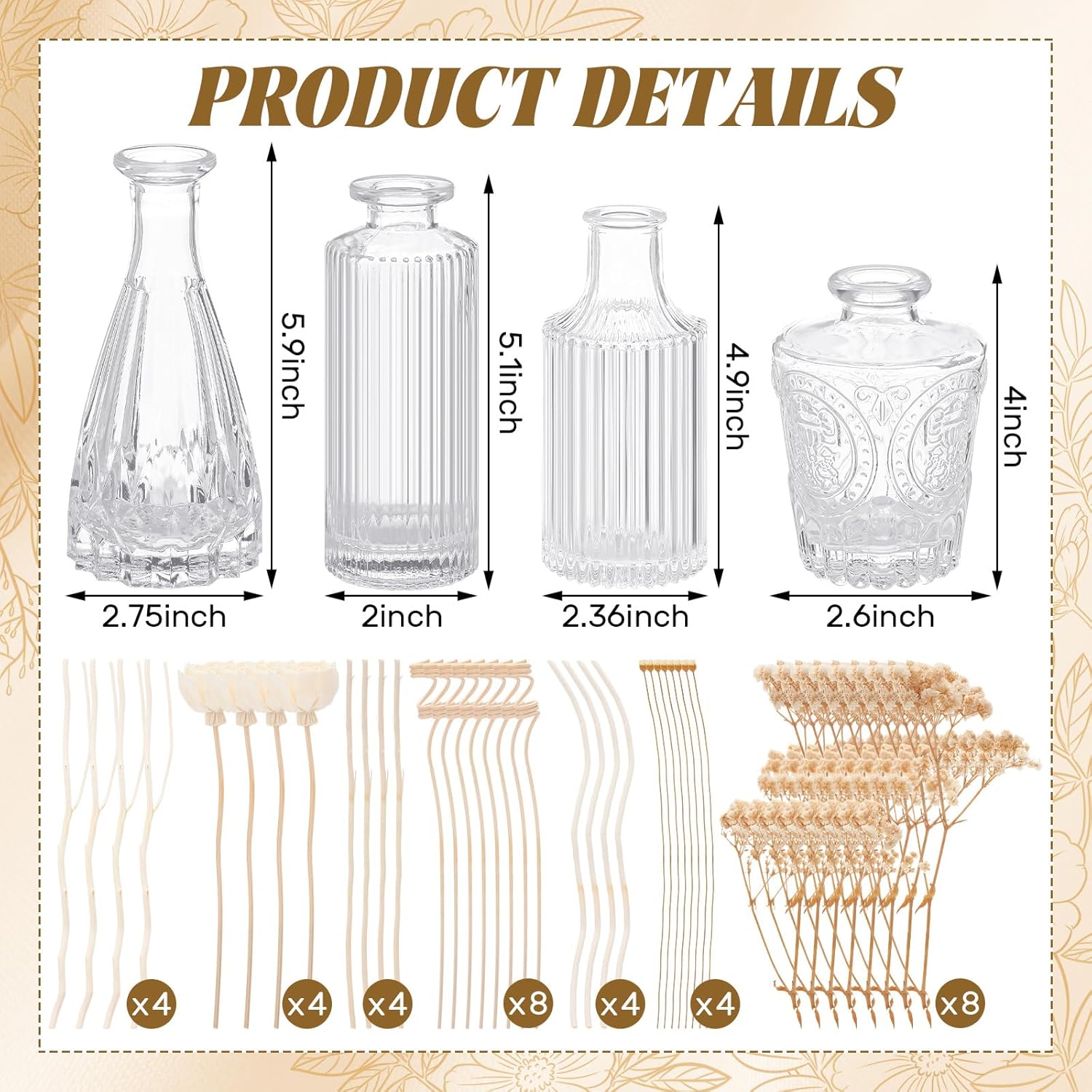 4 Pcs Reed Diffuser Set 4 Styles 5.1 oz Empty Bottles and 36 Empty Bottles with Baby's Breath High-end and Beautiful for Bedroom Bathroom Home and Office Decor