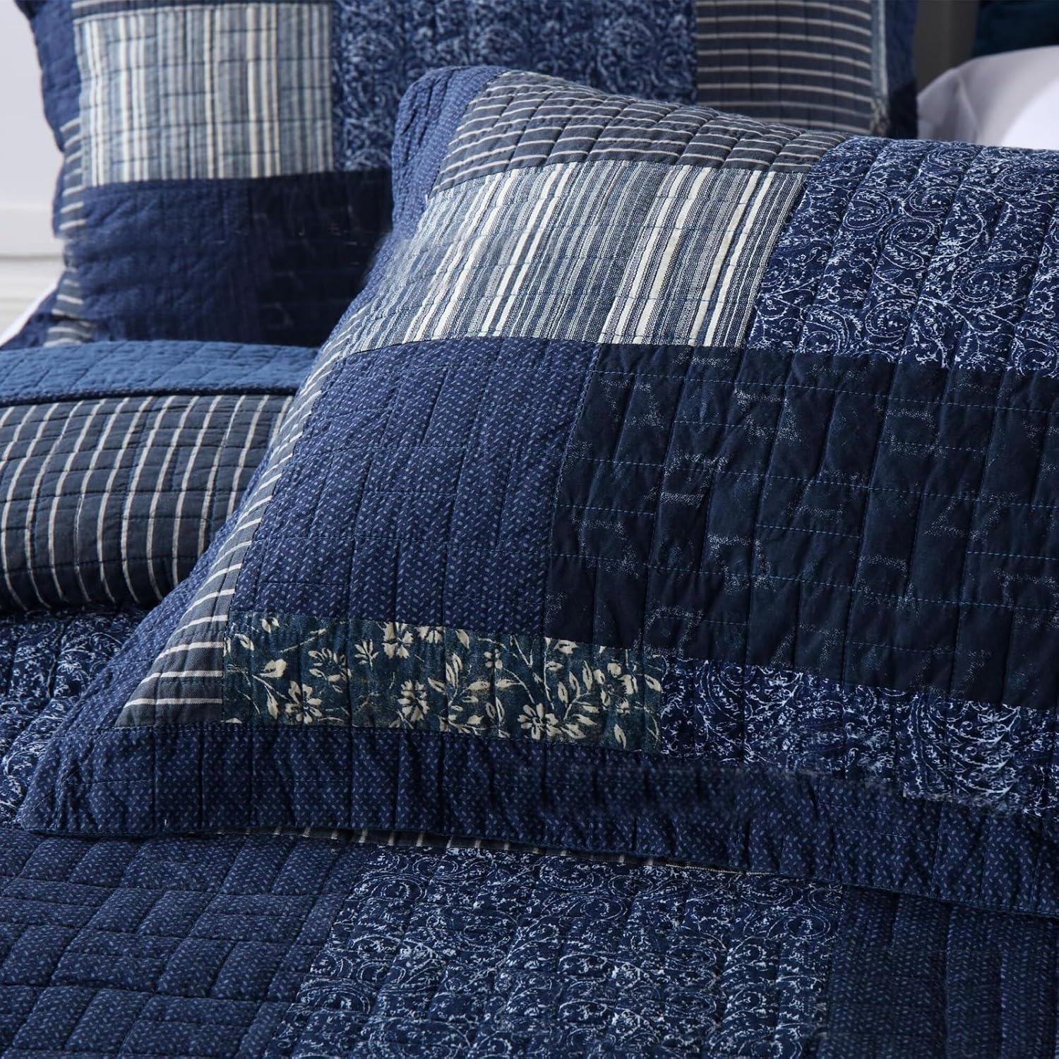 ABREEZE Quilts Queen Size - 100% Cotton Queen Comforter Set Navy Grey Plaid Farmhouse Quilt Bedding Set, Reversible Lightweight Soft Bedspread, Quilted Coverlet All-Season, 3-Piece