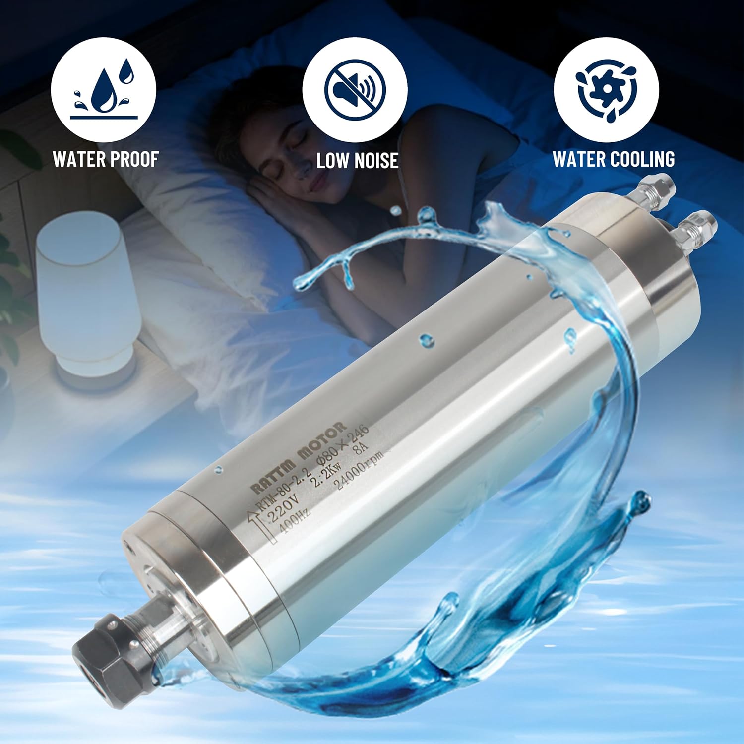 RATTMMOTOR 4-Bearings Waterproof 246mm Length Spindle Motor, 2.2KW Water Cooled Spindle Motor 220V ER20 CNC Router Carved Metal Spindle 24000RPM 80mm 8A 400Hz for CNC Milling Engraver Machine