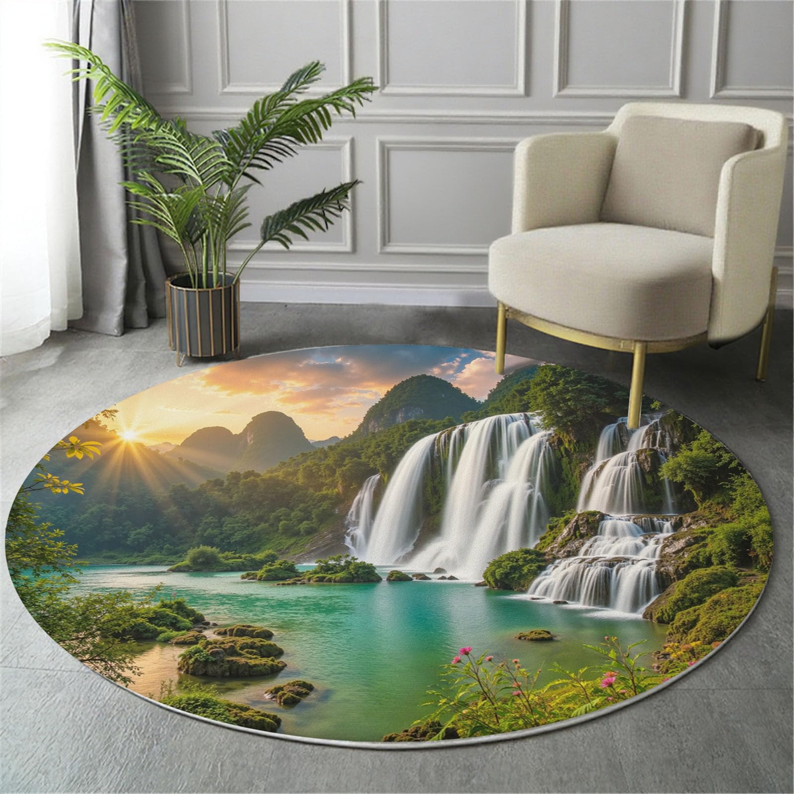 Tapis Rond 180 Cm, Paysage Réaliste De Cascade Vert | Lavable Et Antidérapant, Tapis De Sol Doux Lacs De Forêts Luxuriantes Pour Chambre, Salon Cheminée Et Salle De Jeux