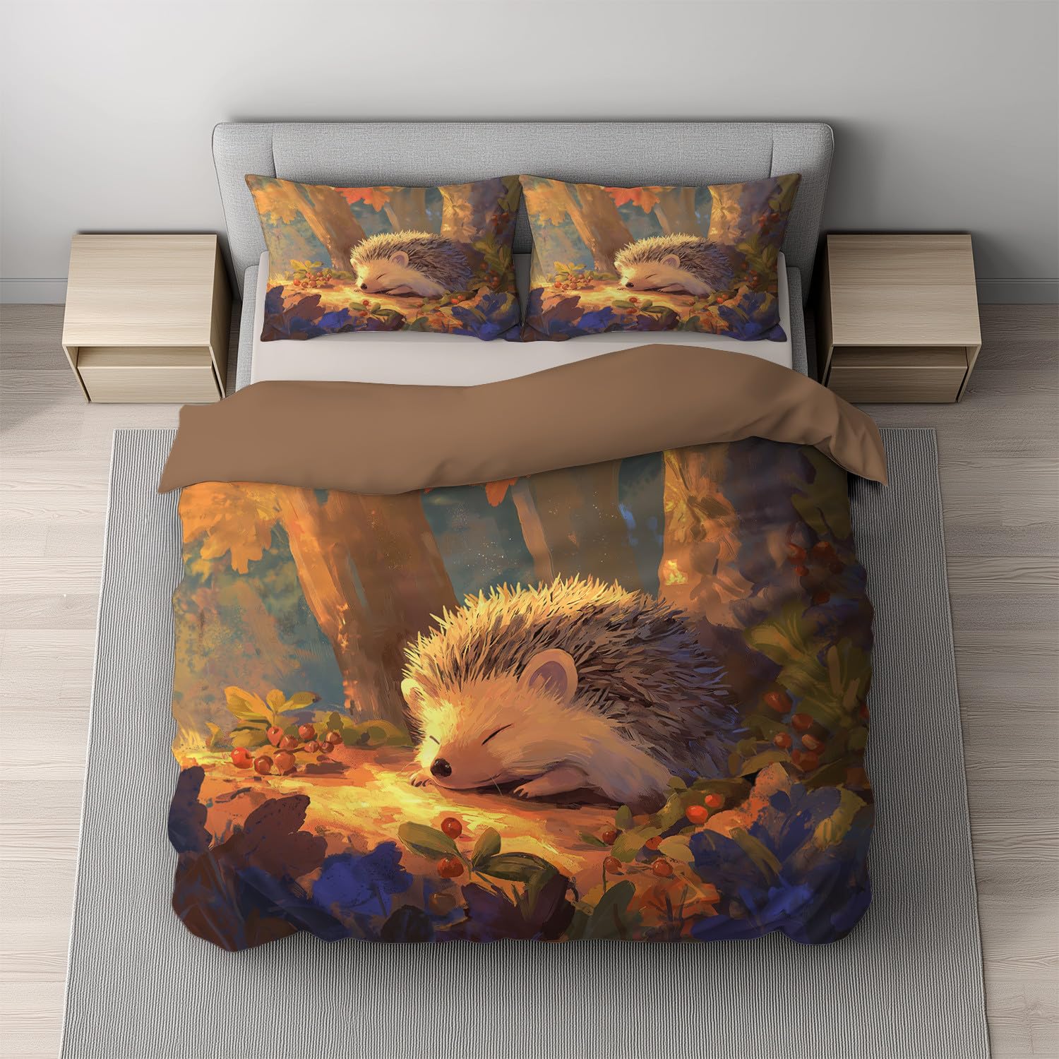 Super King zestaw pościeli premium z mikrofibry 135 x 200 cm, mandarynkowa pomarańczowa, ultrasoft, hipoalergiczna, dwustronna, 3-częściowy zestaw pościeli, zwierzęta jeż, jesienny las, poszewka na