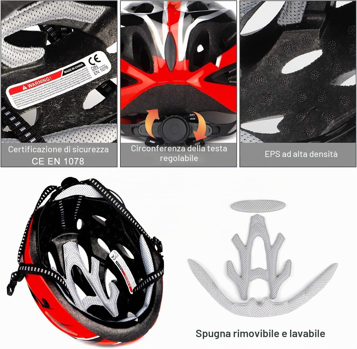 Casco da Bicicletta per Adulti, Uomo e Donna, Corpo EPS + Guscio PC, Mountain Bike, con Visiera Rimovibile e Imbottitura, Regolabile, 58-61 cm