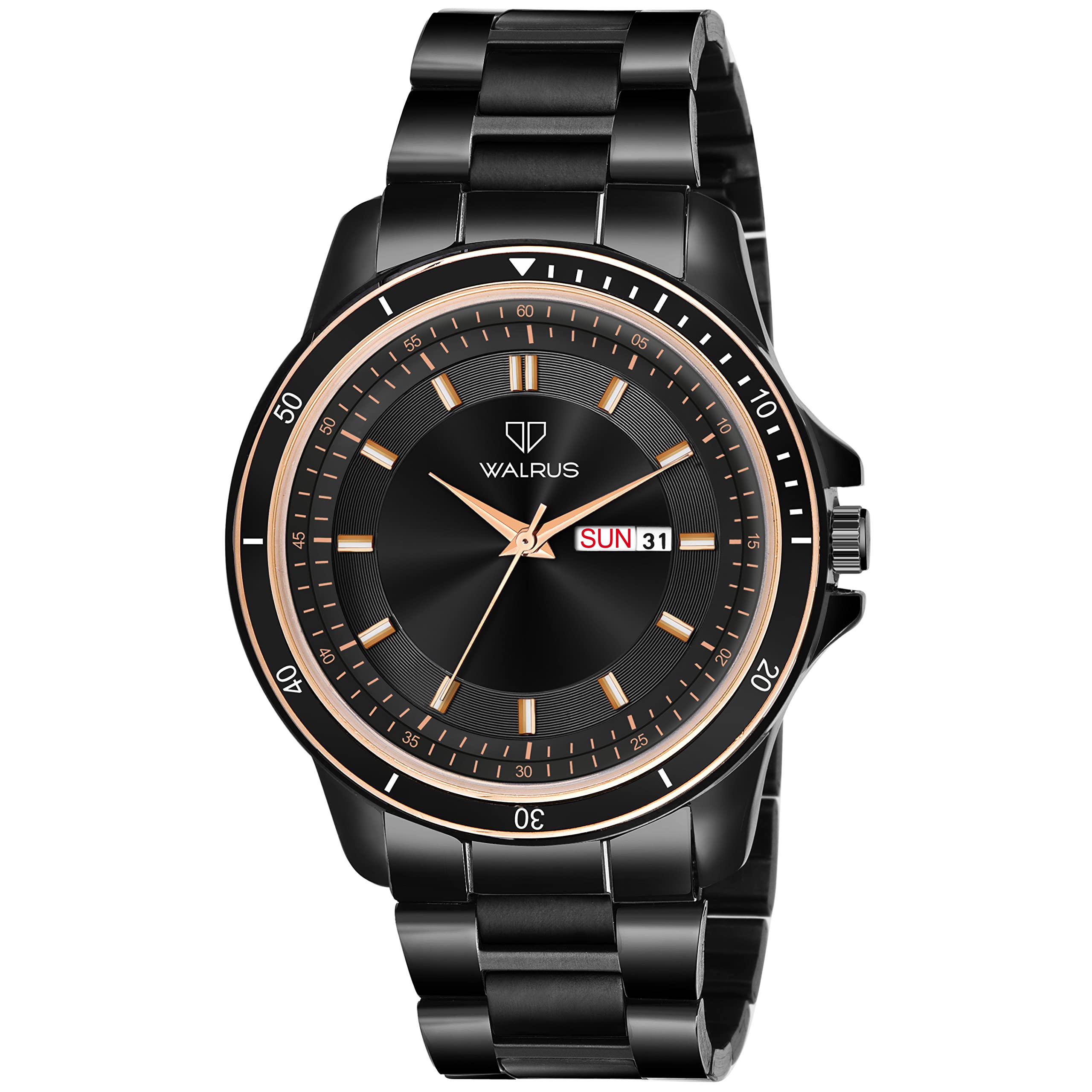 Walrus Black Dial Analog Day Date Function Stainless Steel Chain Wrist Watch for Men with Push Button Lock- Black Dial, Black Strap, Gold Case, Push Button Lock, 43mm Case (B0B2KBKNBT) Amazon Price History, Amazon Price Tracker
