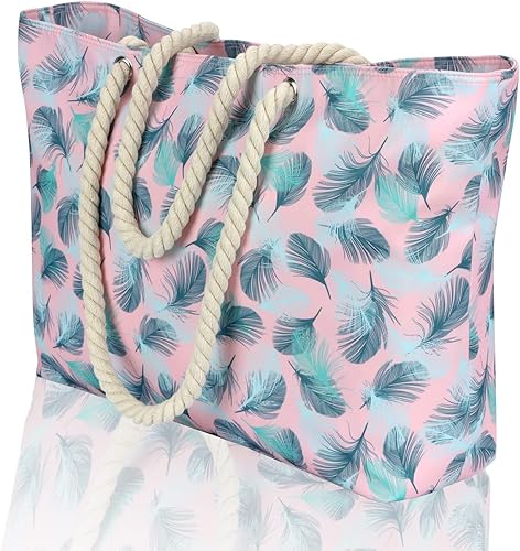 KUAK Bolsas de playa para mujer, extra grande, impermeable, a prueba de arena, con cremallera superior, 3 bolsillos interiores, asas de cuerda