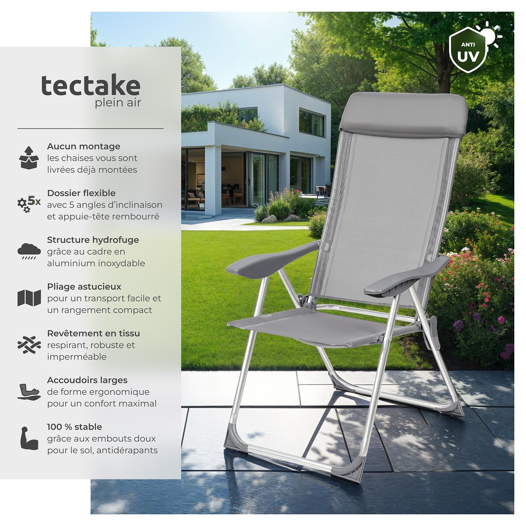 tectake® Lot de 4 Fauteuil de Jardin Pliable avec Accoudoirs Salon de Jardin Exterieur, Structure en Aluminium, Dossier Inclinable, Mobilier pour Amenagement Balcon Terrasse
