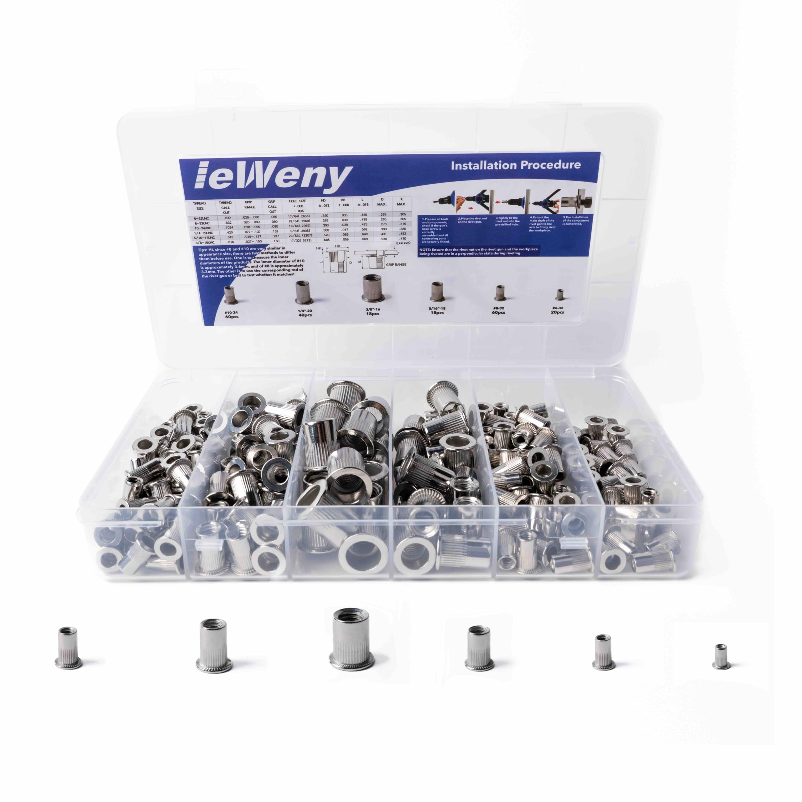 ieWeny Stainless Steel Rivet Nut Assortment Kit(216Pcs), 1/4"-20, 3/8"-16, 5/16"-18, #10-24, #8-32, #6-32UNC SAE Rivnuts Set, Threaded Inserts for