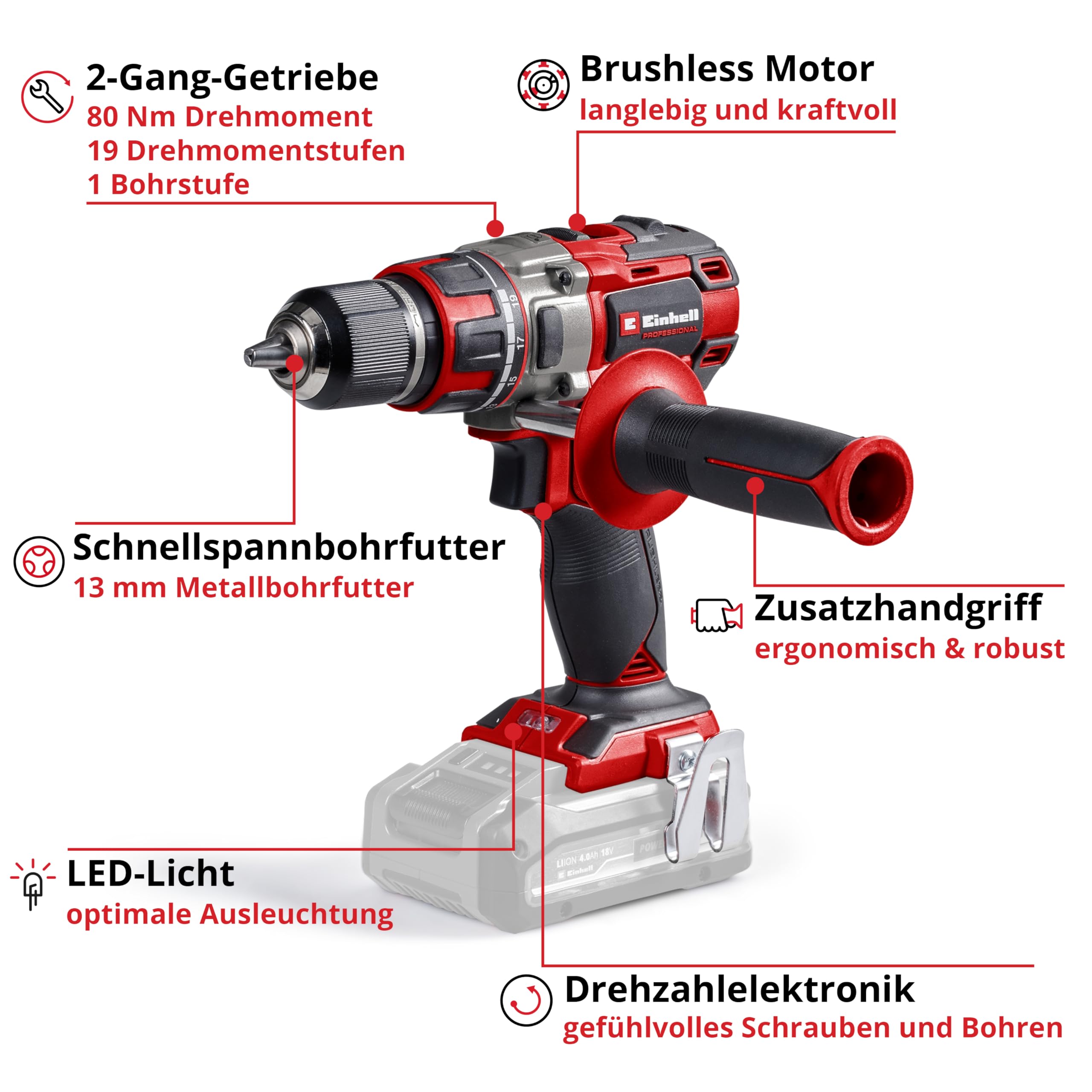 Einhell Professional Akku-Bohrschrauber TP-CD 18/80 Li BL-Solo Power X-Change (18 V, Brushless, 80 Nm, 13 mm Bohrfutter, 2 Gang, 19 Drehmomentstufen, Bohrstufe, ohne Akku)