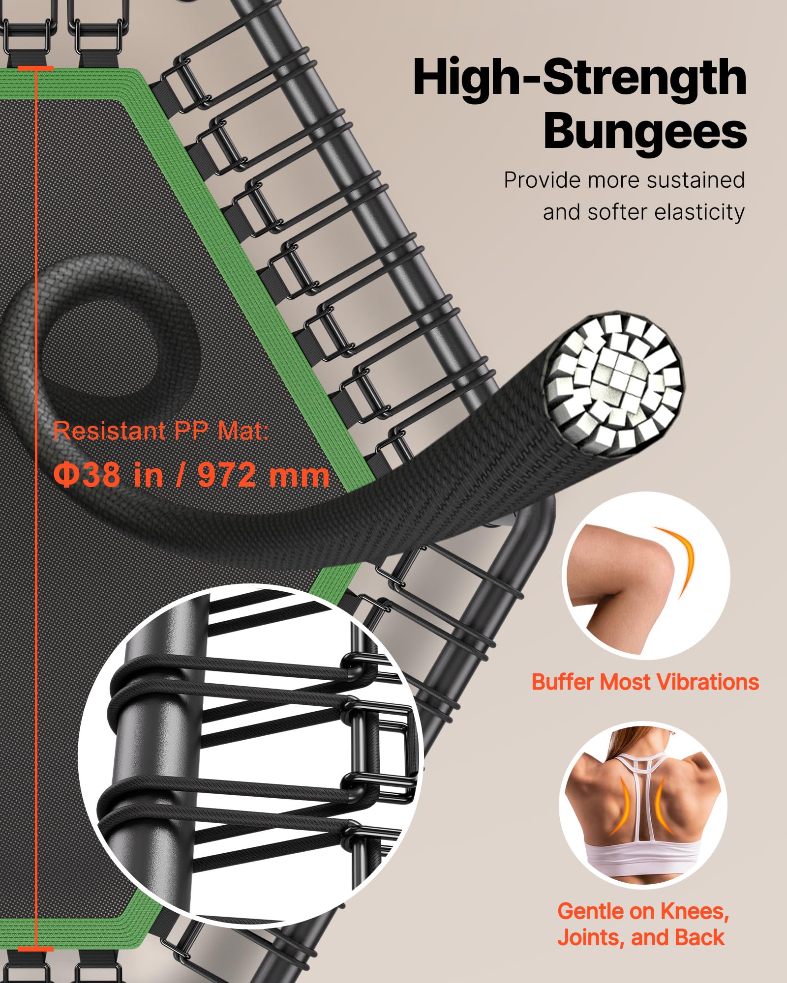 VEVOR Mini Trampolino per Fitness Esercizi da Interno 1385 mm, Trampolino Elastico Carico max 205 kg Altezza Regolabile a 3 Livelli con Maniglia in Schiuma per Esercizi Allenamento Salto per Adulti