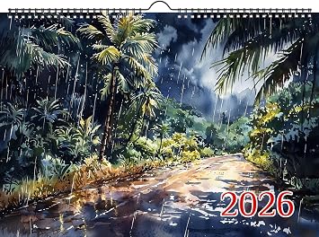 تقويم الحائط لعام 2026 [8"x12"] مسارات الغابة الخصبة للمطر الاستوائي والأنهار المبللة بالمطر مع انعكاسات غروب الشمس المتوهجة في تقنية الرسم الرقمي الدرامية عالية التباين
