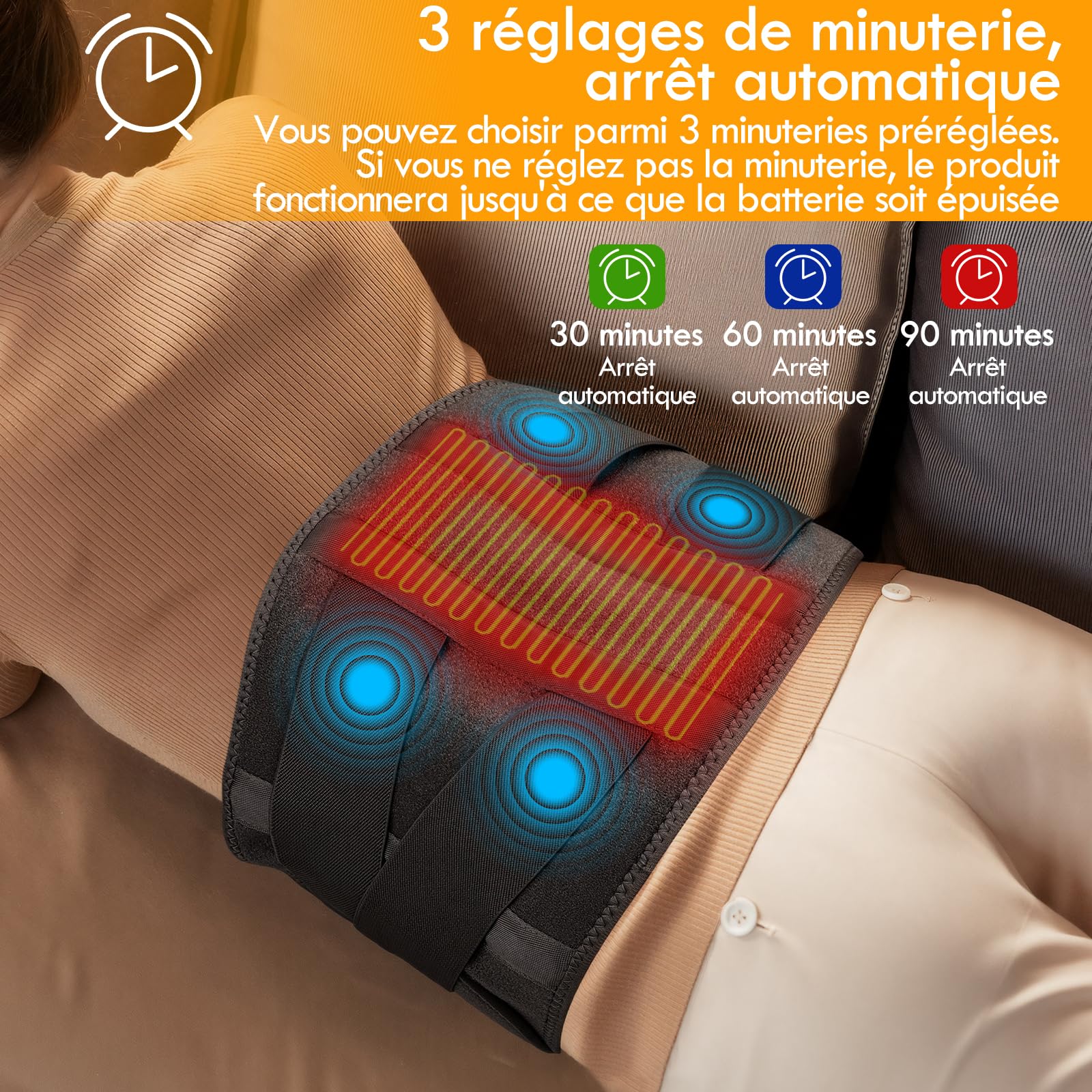 Ceinture Lombaire Chauffante, 16000mAh Batterie Coussin Chauffant Electrique pour La Taille Sans Fil, Ceinture Massante Chauffante avec 3 Modes De Massage et 3 Niveaux de Température,Timer (Gris)