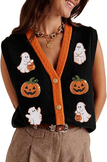 Women Halloween Sweater Vests Sleeveless Button Down Cardigan