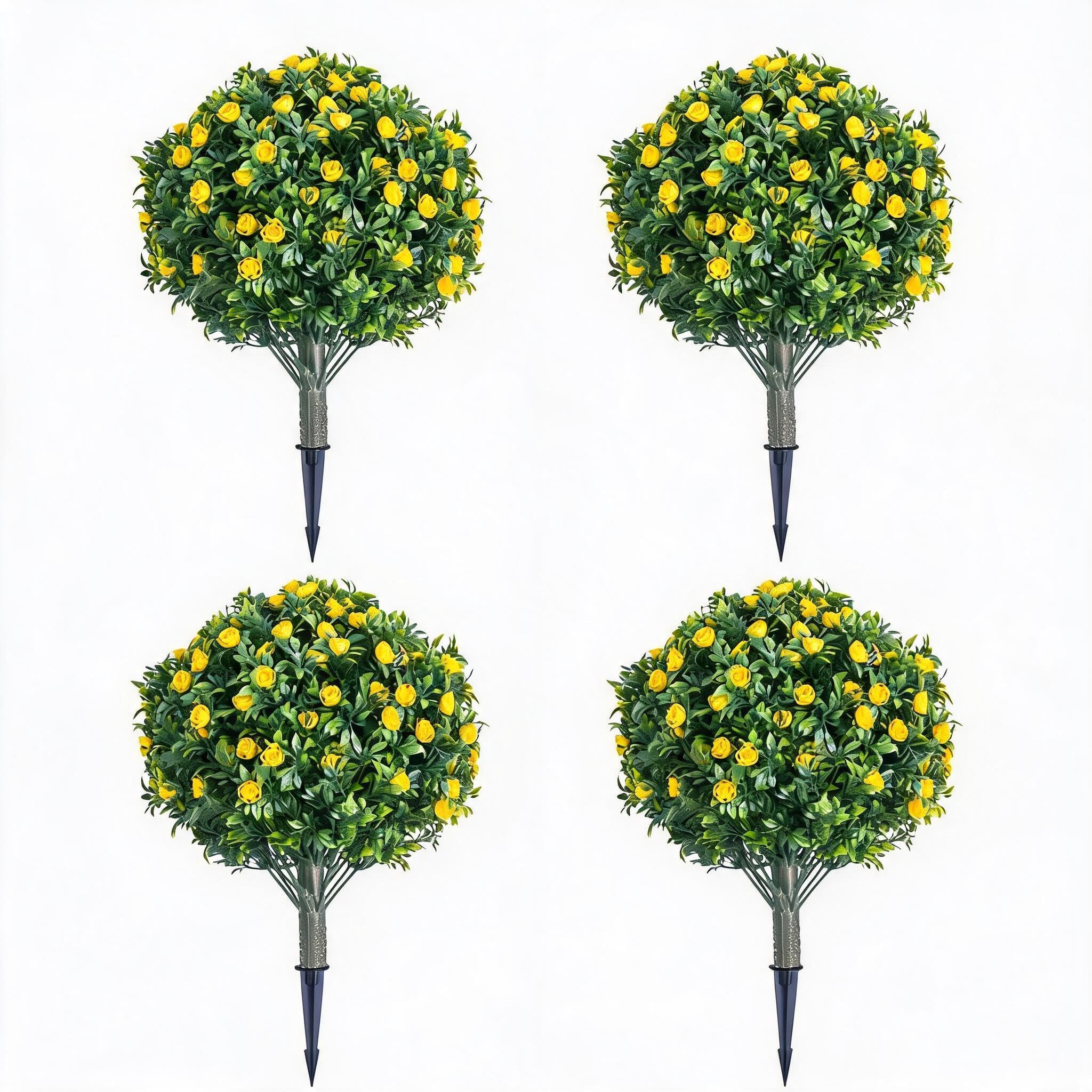 Artificial Topiary Ball Trees Set of 4 – Golden Bloom Flowers, 23.6" Lifelike PE Faux Shrubs with Ground Spikes & Metal Stakes, UV Resistant Decorative for Home Decor, 4 Yellow Flowers, 60x40cm