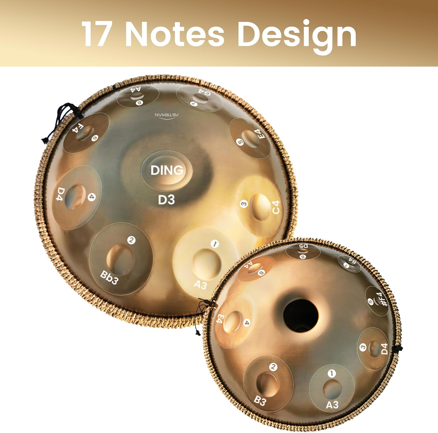 ASTEMAN Handpan in D Minor, 22 inches with 17 notes, comes with a backpack, courses, finger sleeves, stand, cleaning cloth, and two mallets. (Gold, 440hz)