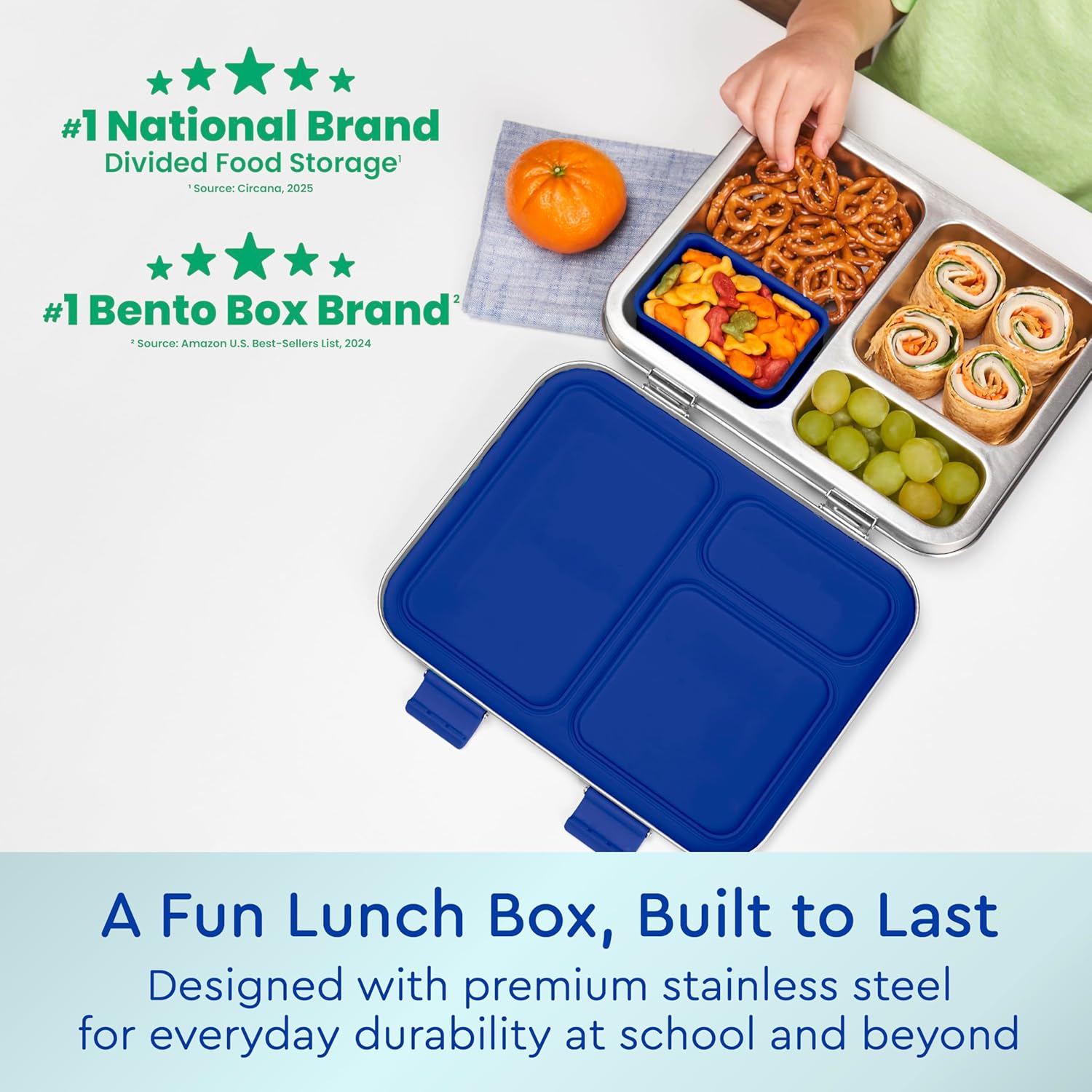 Bentgo Kids Stainless Steel Prints Leak-Resistant Lunch Box - 3-Compartments with Bonus Silicone Container, Durable, Eco-Friendly, Dishwasher Safe, BPA-Free, Ideal for School, Ages 3+ (Shark)