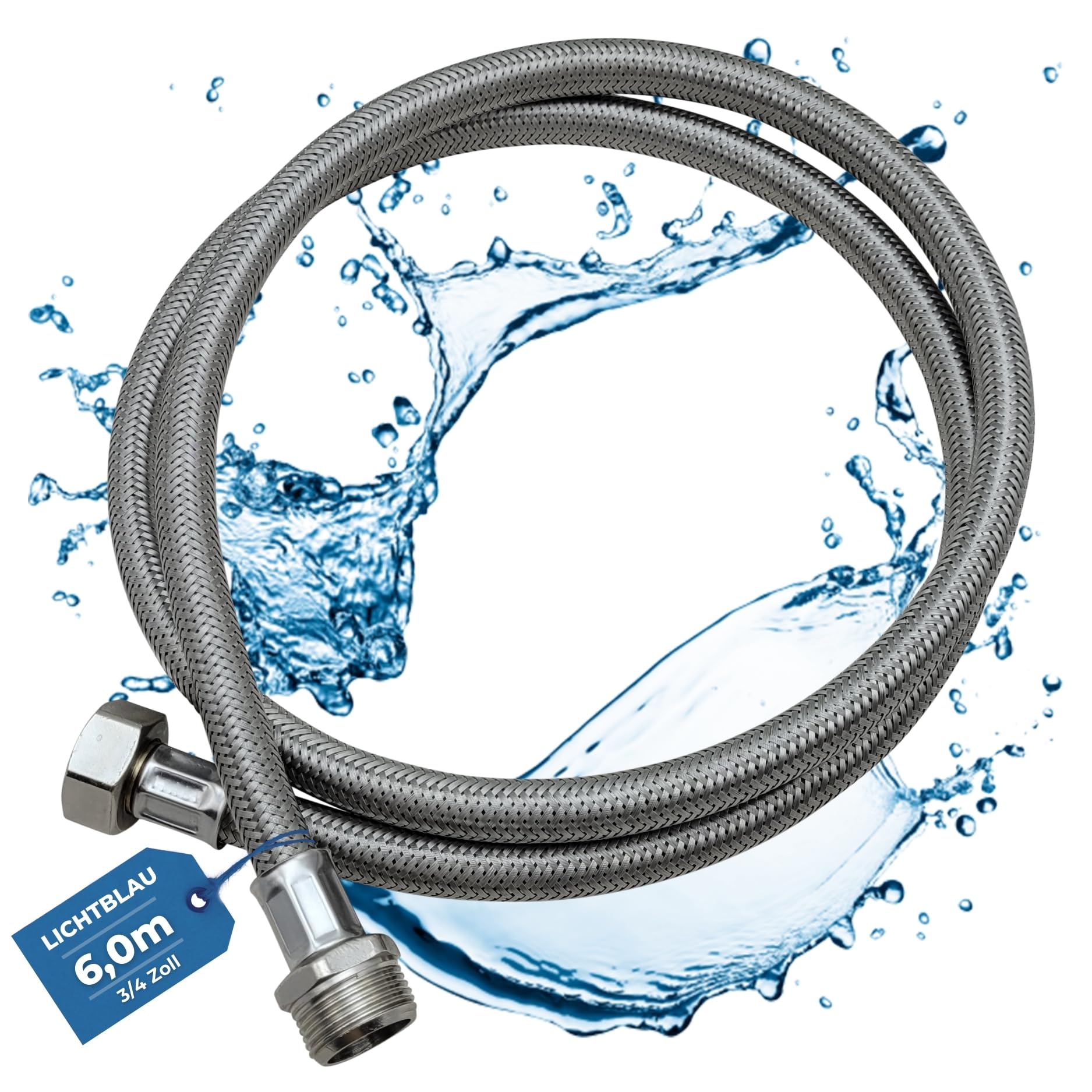 LICHTBLAU manguera de extensión aquastop resistente a doblarse 6m 2982 conexión lavadora lavavajillas I Tubo reforzado 3/4 pulgadas recto/recto junta incluida I Tubo de suministro uso universal | Manguera de entrada para lavadora y lavavajillas, apta para