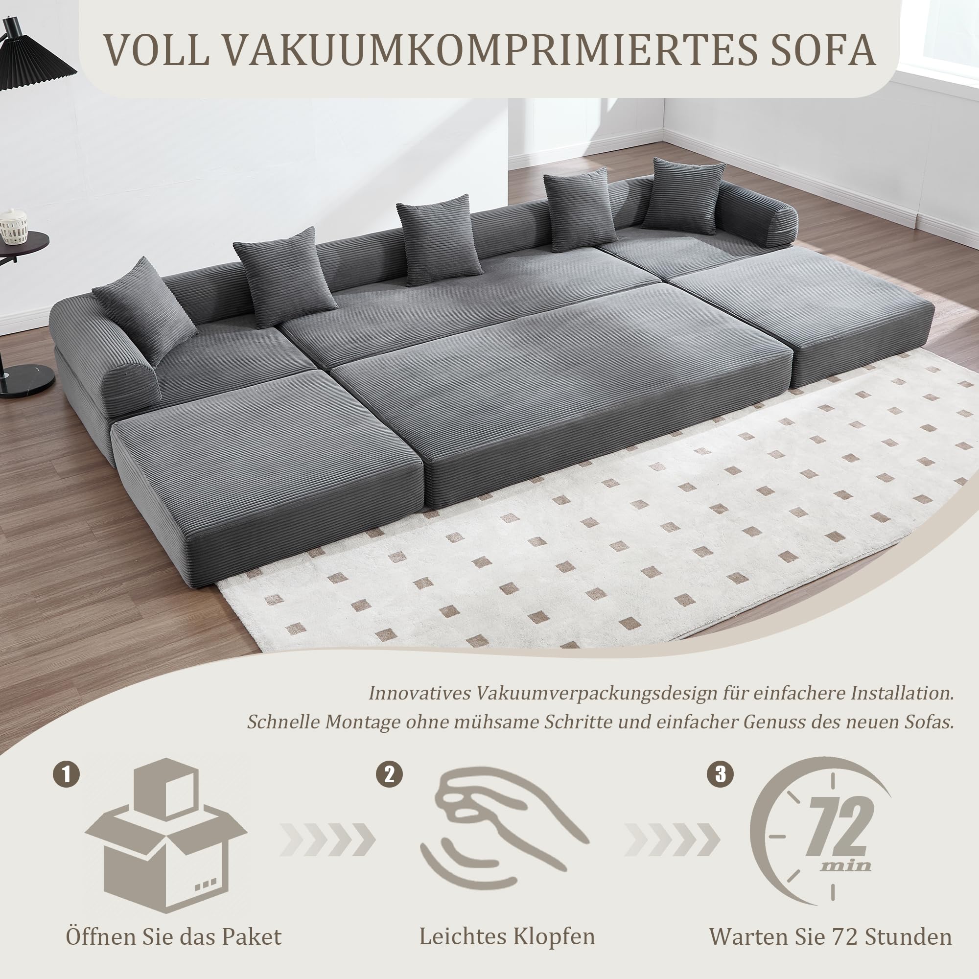 HaoChrymec Modułowa sofa do salonu sztruksowa, ciemnoszara, 270 x 180 x 64 cm
