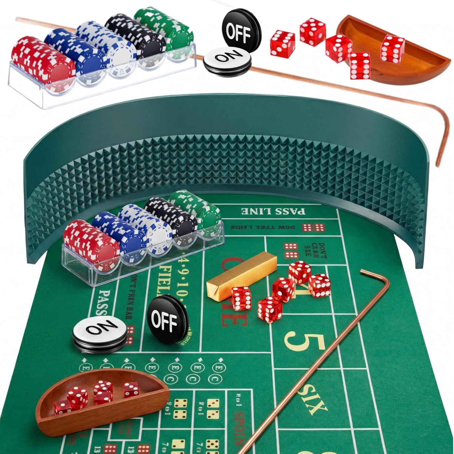Craps Tabletop Game Set Includes 35x70 Rubber Tabletop Layout Mat Craps Diamond Pyramid Rubber Bumper, Rattan Stick, Grade AAA 19mm Dice, On/Off Buttons, 100 Poker Chips (Professional)