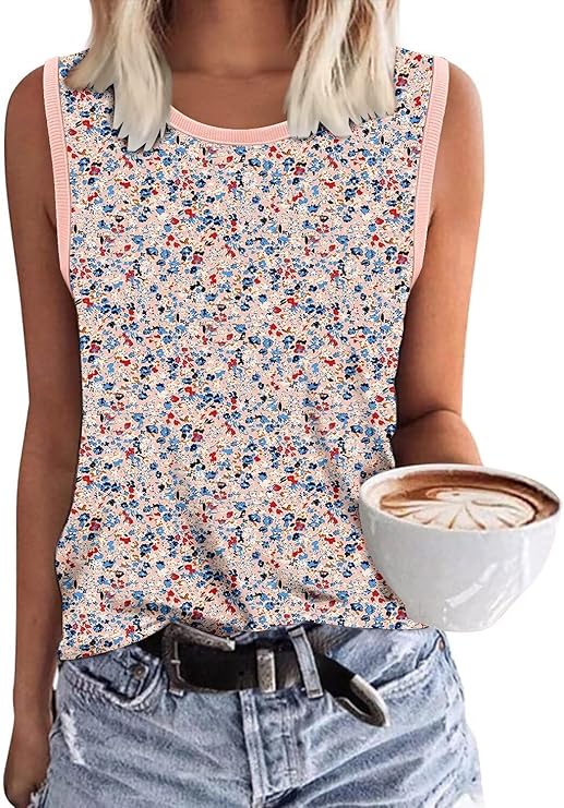 KISSMODA Womens Flora Print Tank Tops Ribbed Summer Shirt Sleeveless Summer Casual Women Blouses(S-3XL)