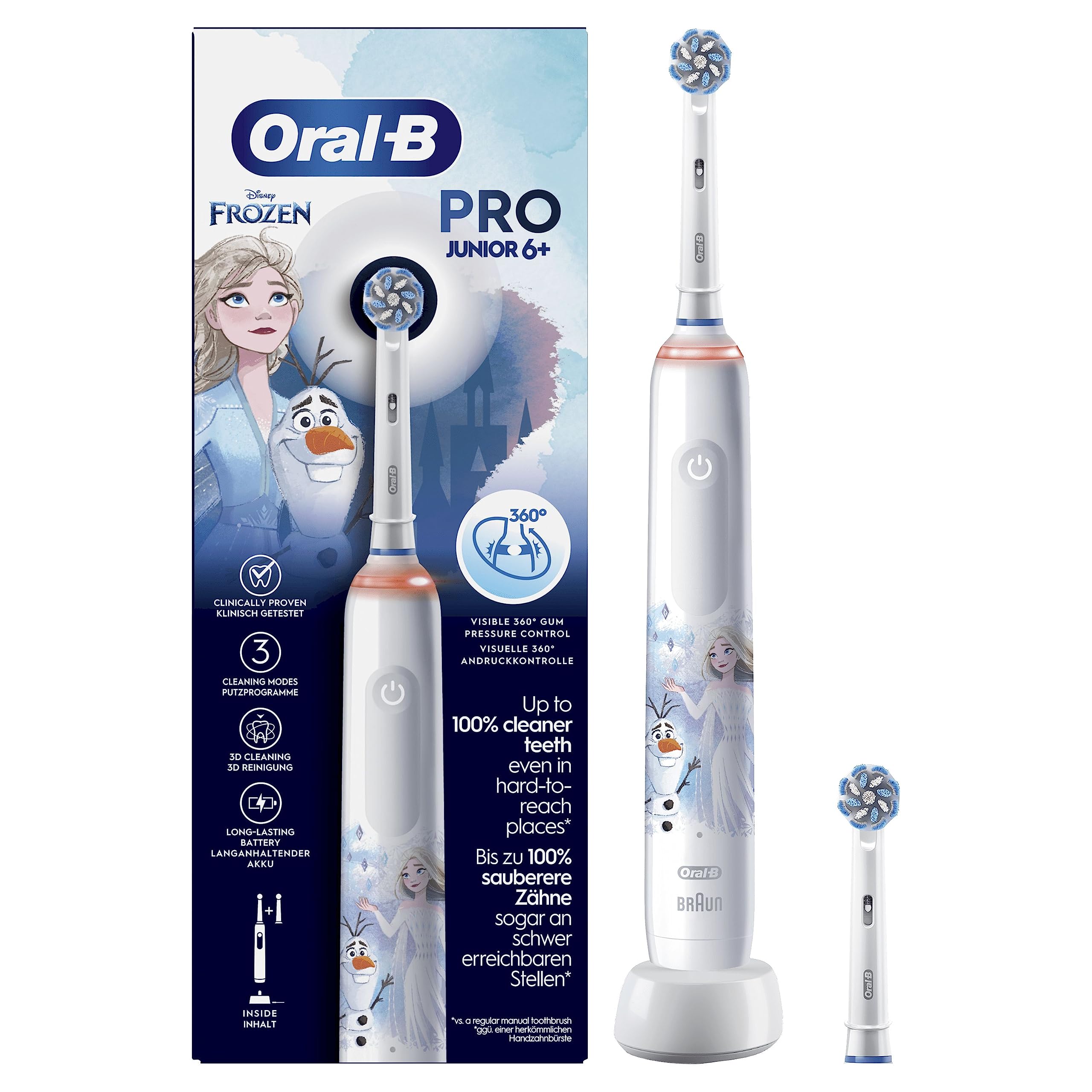 Oral-B Spazzolino Elettrico Ricaricabile Pro Junior con personaggi di Frozen, 2 Testine, da 6 Anni in su. 1 Spazzolino
