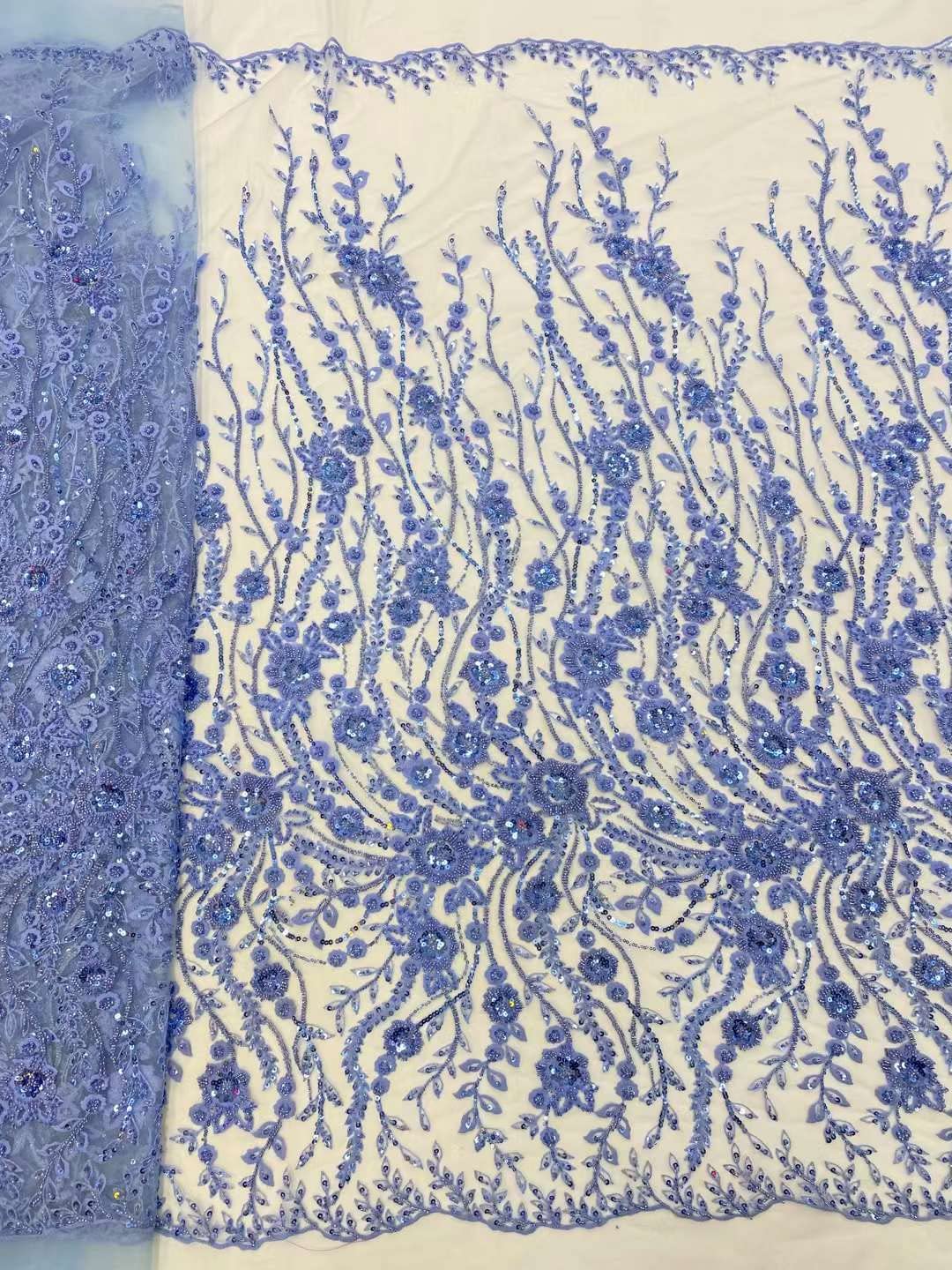 1 yard tessuto di pizzo Tulle con perline pesanti blu pallido