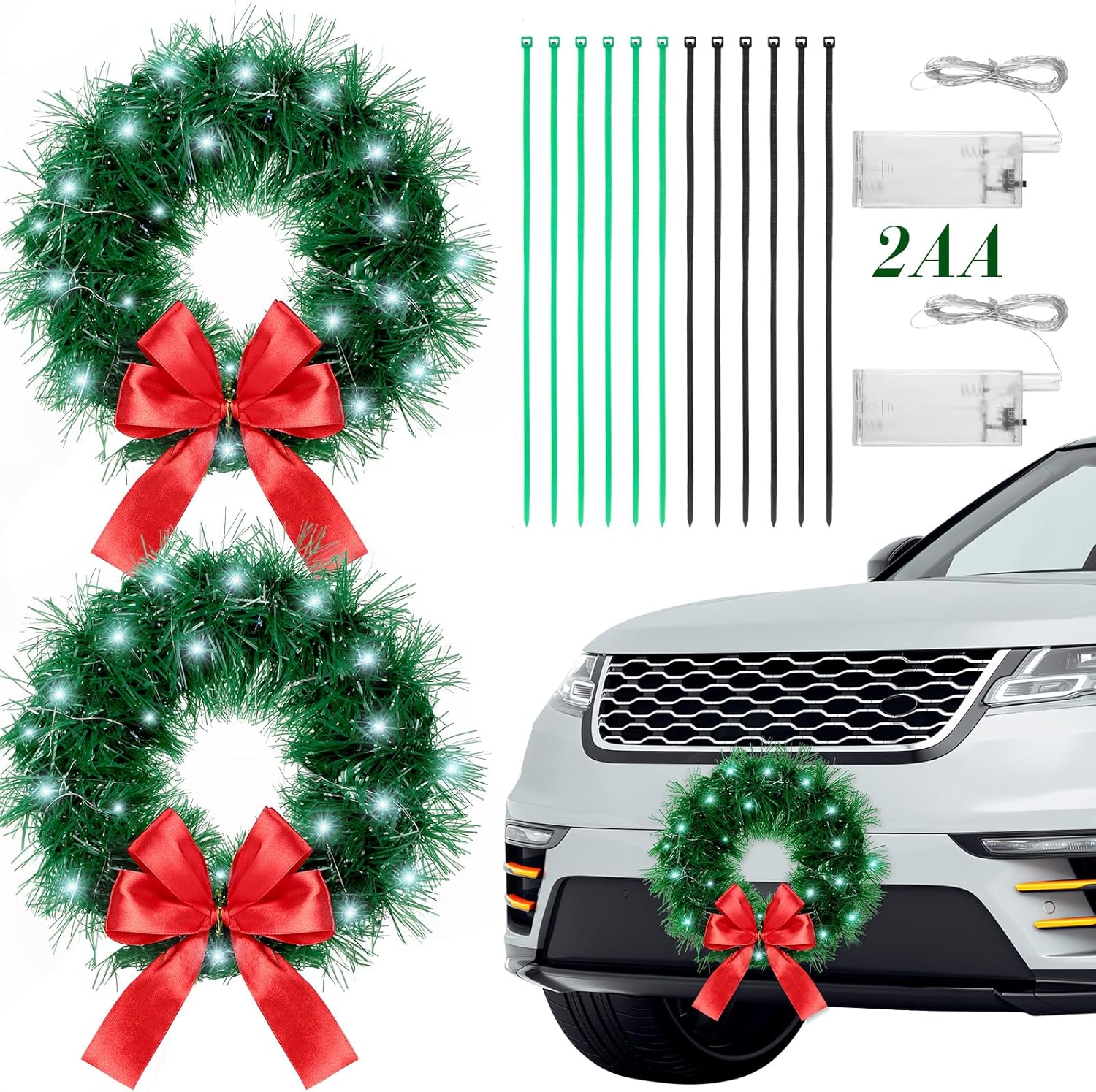 Yuxung 2 Pieces Car Christmas Wreath with 20 Small White