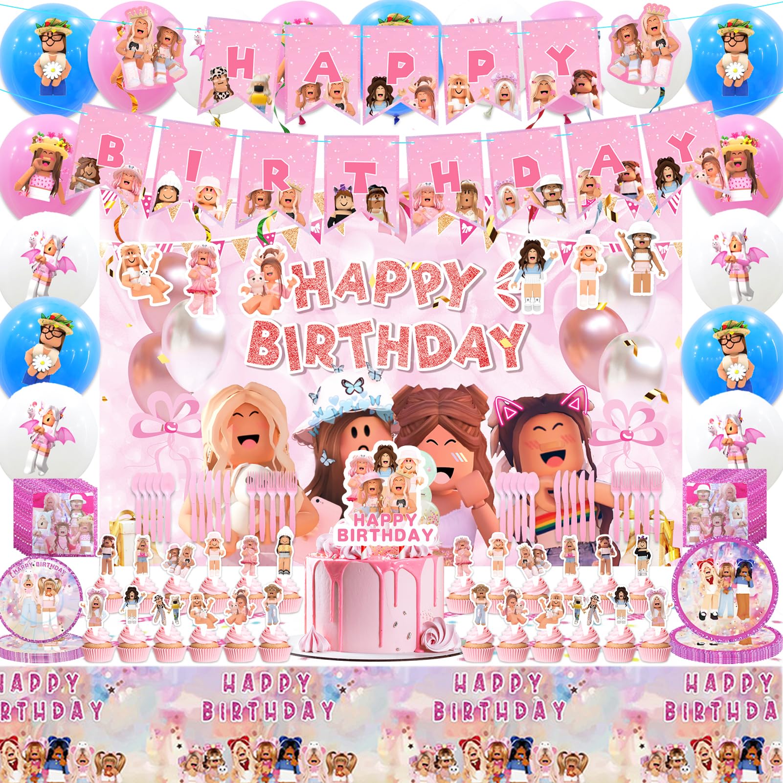 Birthday Party Supplies, Party Decorations Favors for Girls with Banners, Backdrop, Tablecover, Cake Decoration, 26 Cupcake Toppers, 24 Latex Balloons, Tableware, Napkins,Hanging Swirls