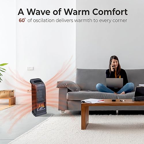 Miniatura 7 de Comfort Zone Calentador de espacio de torre de 18 pulgadas con llama 3D, 1500 W900 W, oscilación de 60, termostato, control remoto, temporizador de